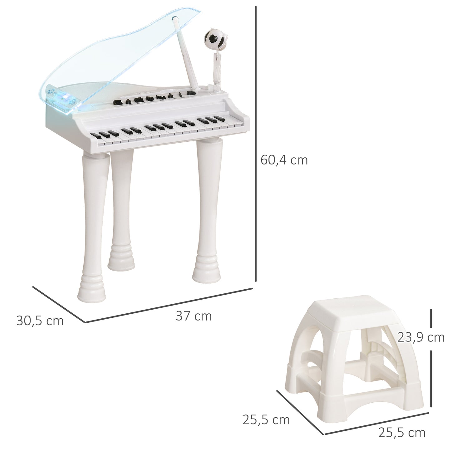 AIYAPLAY Piano Electrónico Infantil de 32 Teclas Juego de Piano con Micrófono Taburete Luces 22 Canciones 4 Sonidos Patas Desmontables y Volumen Ajustable 37x30,5x60,4 cm Blanco