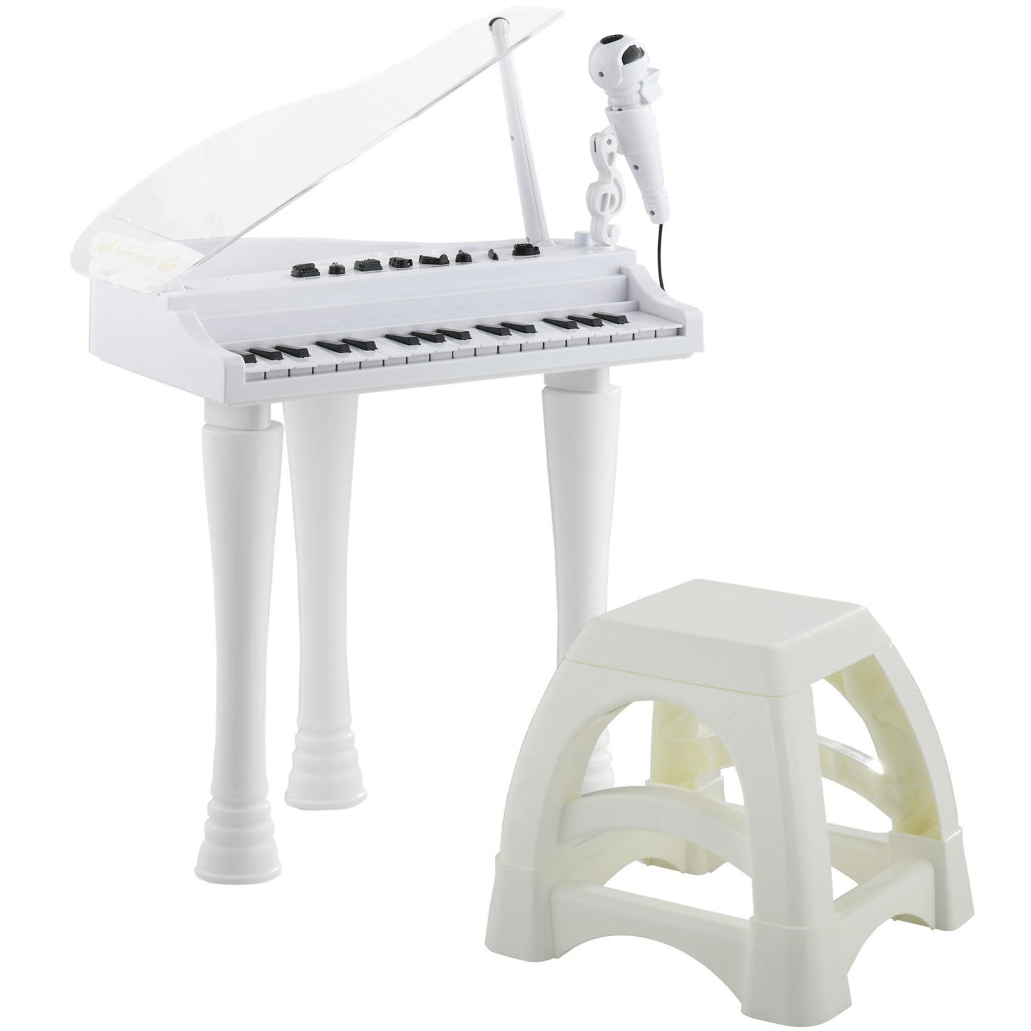 AIYAPLAY Piano Electrónico Infantil de 32 Teclas Juego de Piano con Micrófono Taburete Luces 22 Canciones 4 Sonidos Patas Desmontables y Volumen Ajustable 37x30,5x60,4 cm Blanco