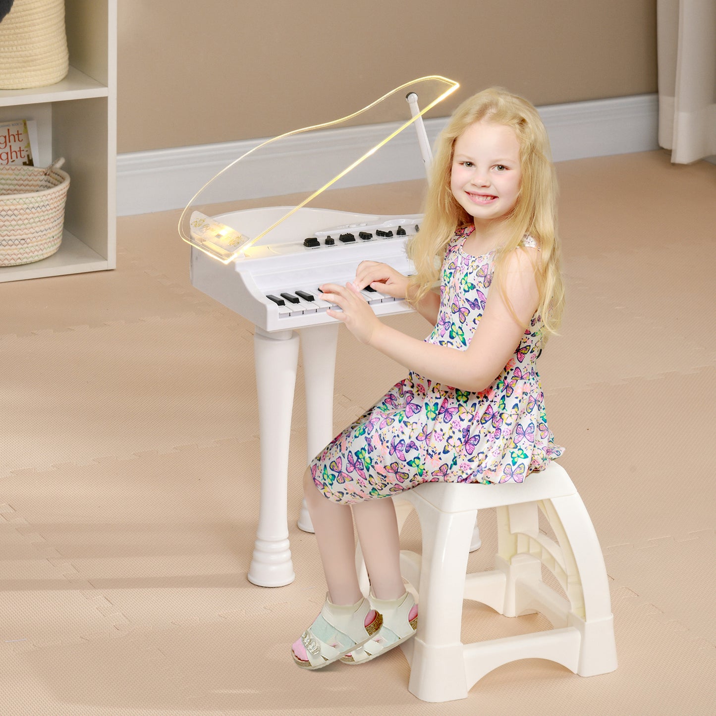 AIYAPLAY Piano Electrónico Infantil de 32 Teclas Juego de Piano con Micrófono Taburete Luces 22 Canciones 4 Sonidos Patas Desmontables y Volumen Ajustable 37x30,5x60,4 cm Blanco