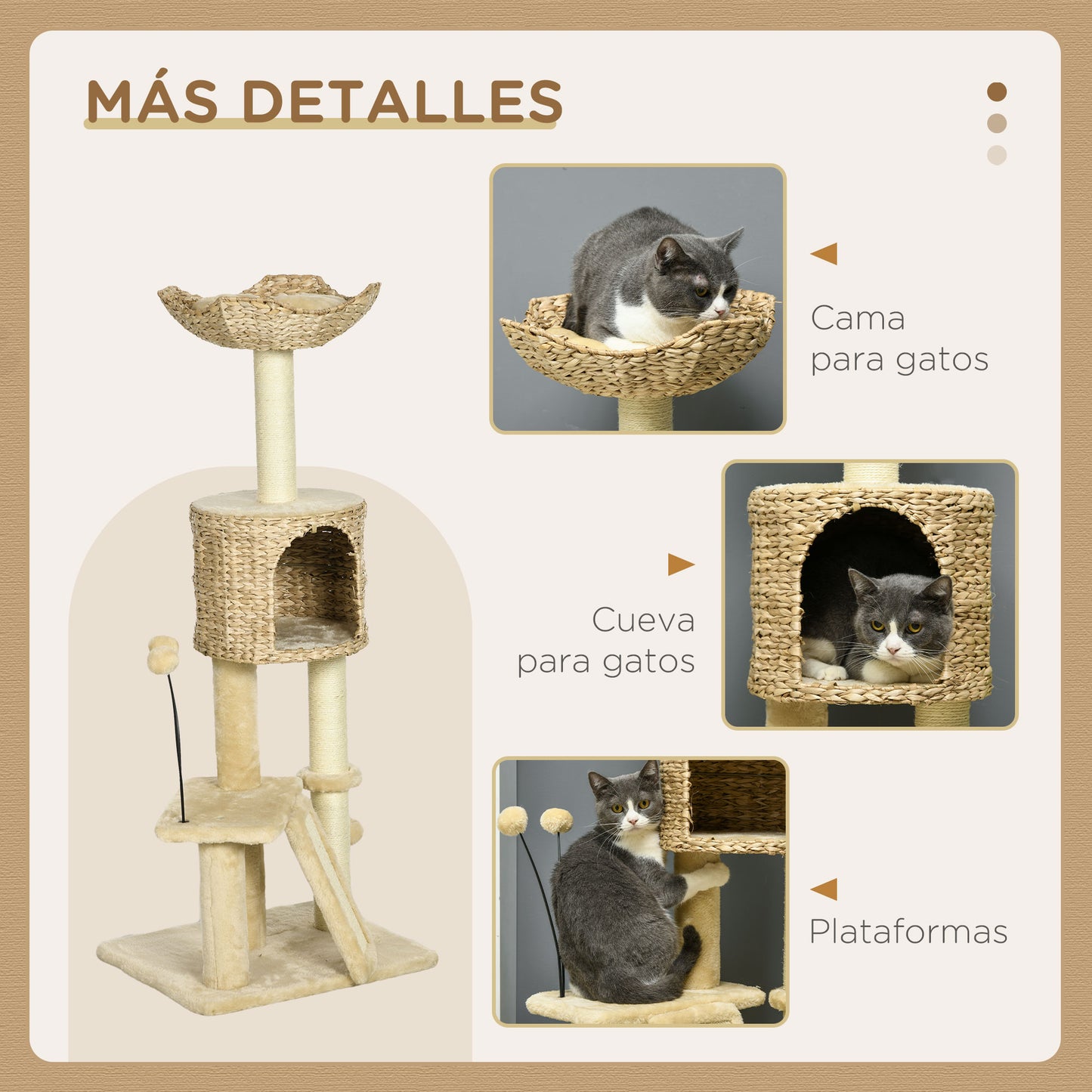 PawHut Árbol Rascador para Gatos de 116 cm Torre para Gatos Interior con Postes para Rascar Cama Cueva de Espadañas Rampa y Bolas 45x40x116 cm Beige