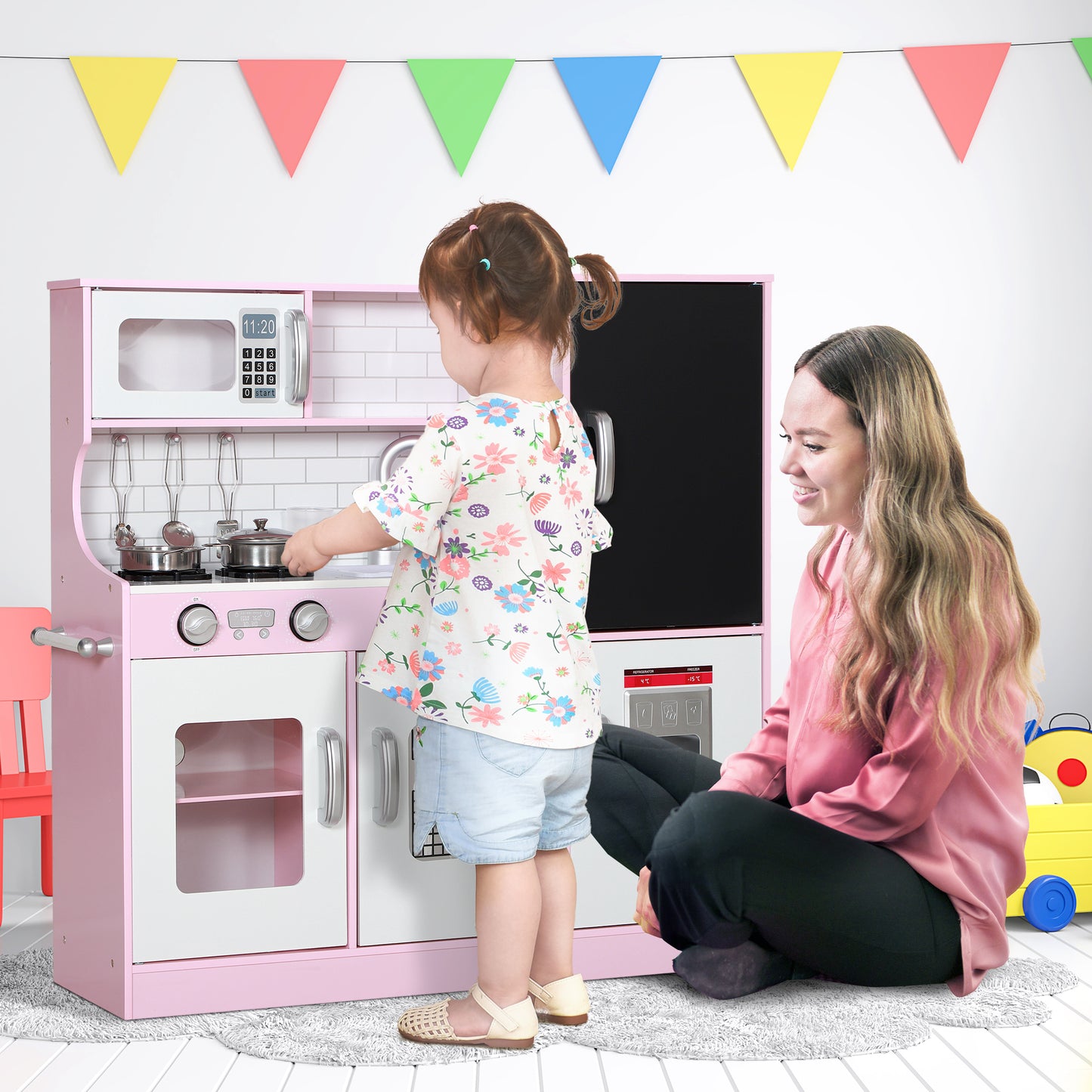 AIYAPLAY Cocina de Juguete Cocina para Niños de +3 Años Cocina Infantil de Madera con Accesorios para Cocinar Pizarra Máquina de Hielo y Teléfono 83,8x26,8x81 cm Rosa