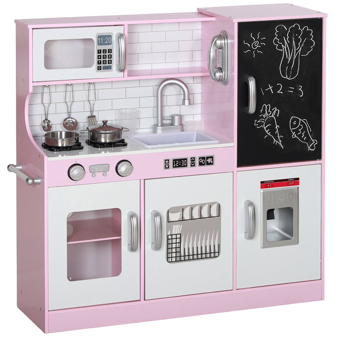 AIYAPLAY Cocina de Juguete Cocina para Niños de +3 Años Cocina Infantil de Madera con Accesorios para Cocinar Pizarra Máquina de Hielo y Teléfono 83,8x26,8x81 cm Rosa