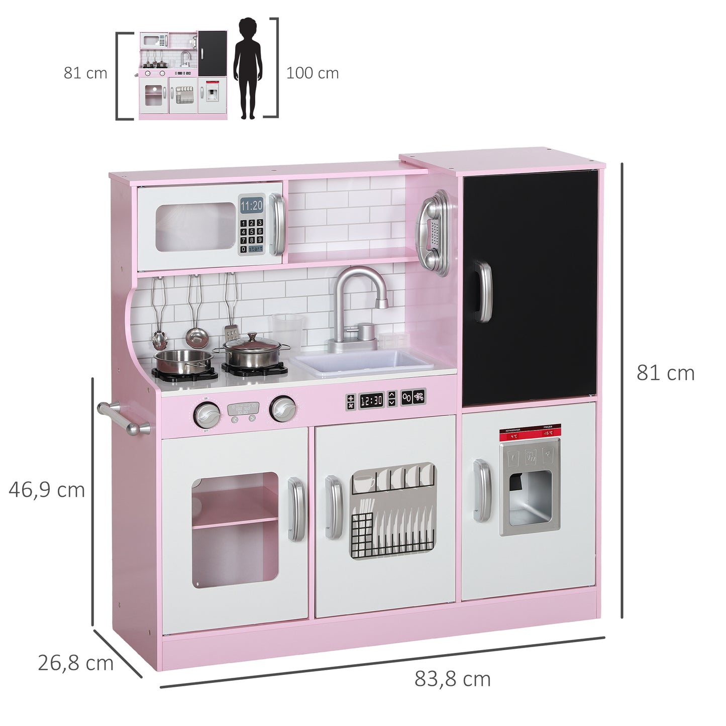 AIYAPLAY Cocina de Juguete Cocina para Niños de +3 Años Cocina Infantil de Madera con Accesorios para Cocinar Pizarra Máquina de Hielo y Teléfono 83,8x26,8x81 cm Rosa