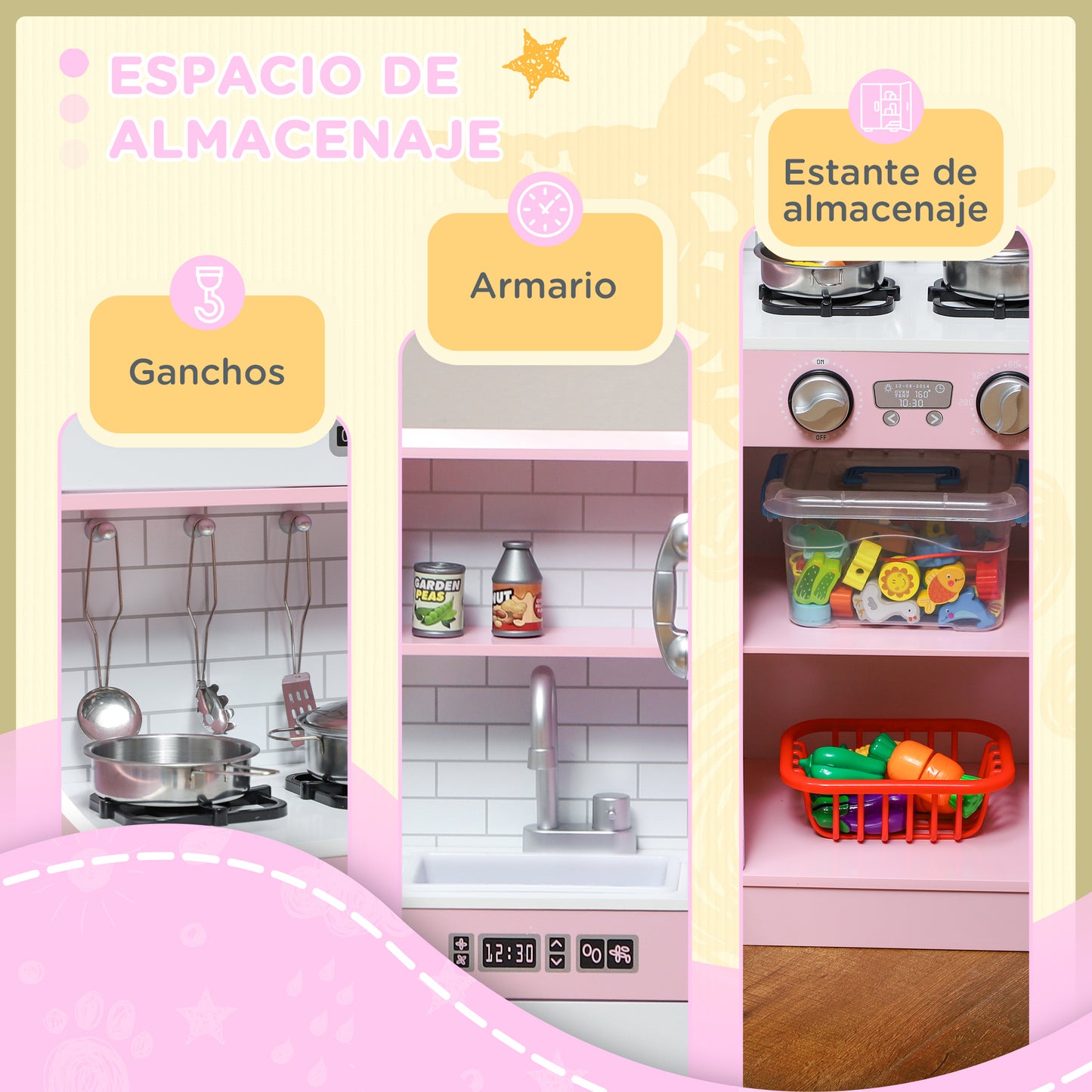 AIYAPLAY Cocina de Juguete Cocina para Niños de +3 Años Cocina Infantil de Madera con Accesorios para Cocinar Pizarra Máquina de Hielo y Teléfono 83,8x26,8x81 cm Rosa