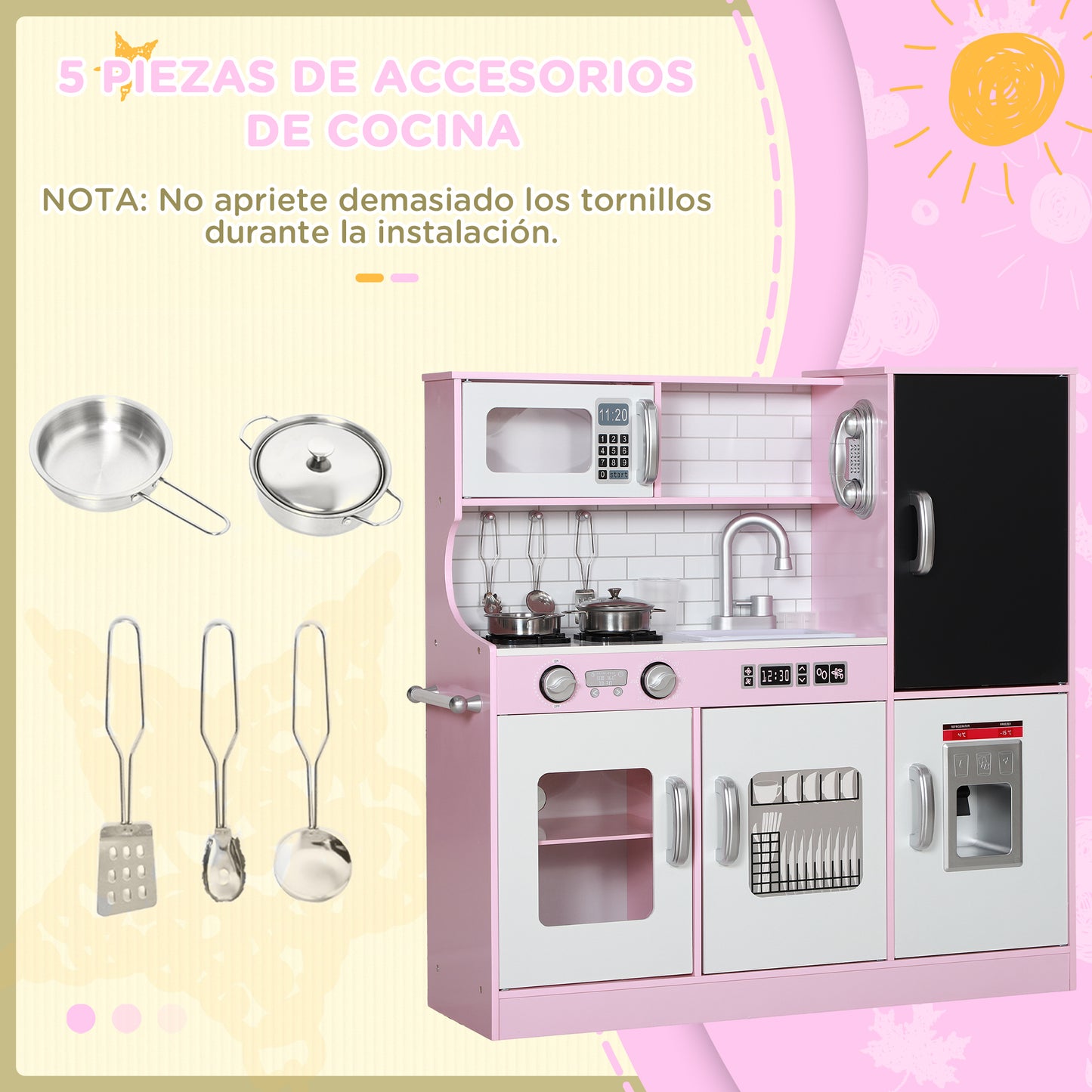 AIYAPLAY Cocina de Juguete Cocina para Niños de +3 Años Cocina Infantil de Madera con Accesorios para Cocinar Pizarra Máquina de Hielo y Teléfono 83,8x26,8x81 cm Rosa