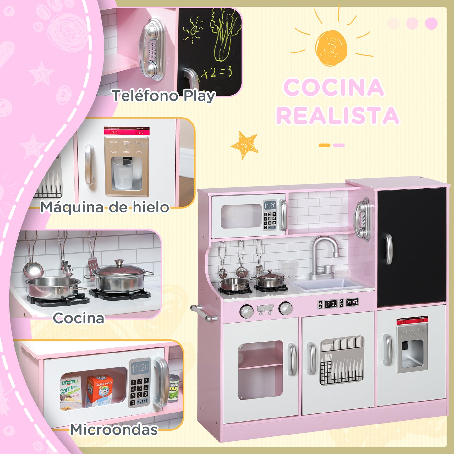 AIYAPLAY Cocina de Juguete Cocina para Niños de +3 Años Cocina Infantil de Madera con Accesorios para Cocinar Pizarra Máquina de Hielo y Teléfono 83,8x26,8x81 cm Rosa