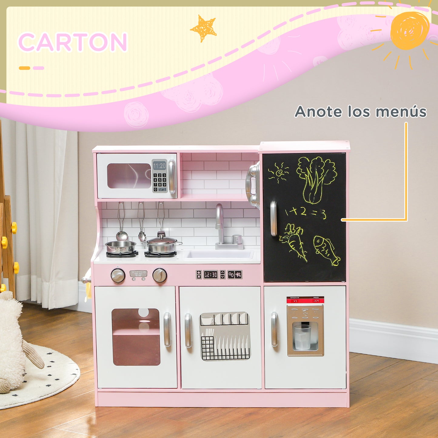 AIYAPLAY Cocina de Juguete Cocina para Niños de +3 Años Cocina Infantil de Madera con Accesorios para Cocinar Pizarra Máquina de Hielo y Teléfono 83,8x26,8x81 cm Rosa