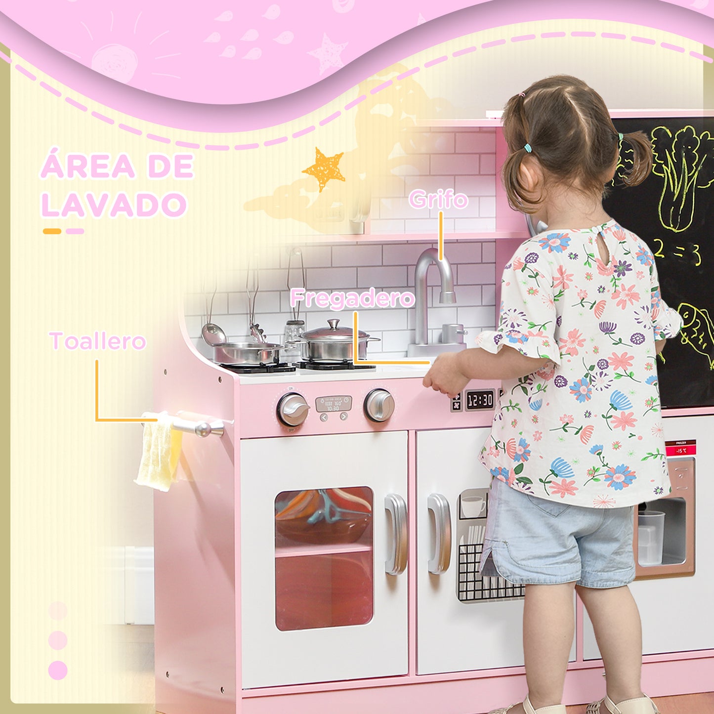 AIYAPLAY Cocina de Juguete Cocina para Niños de +3 Años Cocina Infantil de Madera con Accesorios para Cocinar Pizarra Máquina de Hielo y Teléfono 83,8x26,8x81 cm Rosa