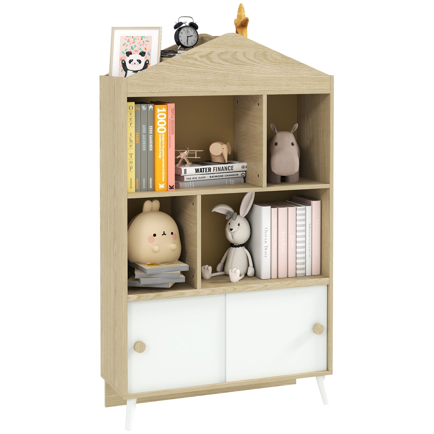 AIYAPLAY Estantería Infantil de Madera con 4 Compartimentos Librería Infantil con Estantes Abiertos y Armario para Habitación de Niños Sala de Juegos 80x30x140,5 cm Blanco y Natural