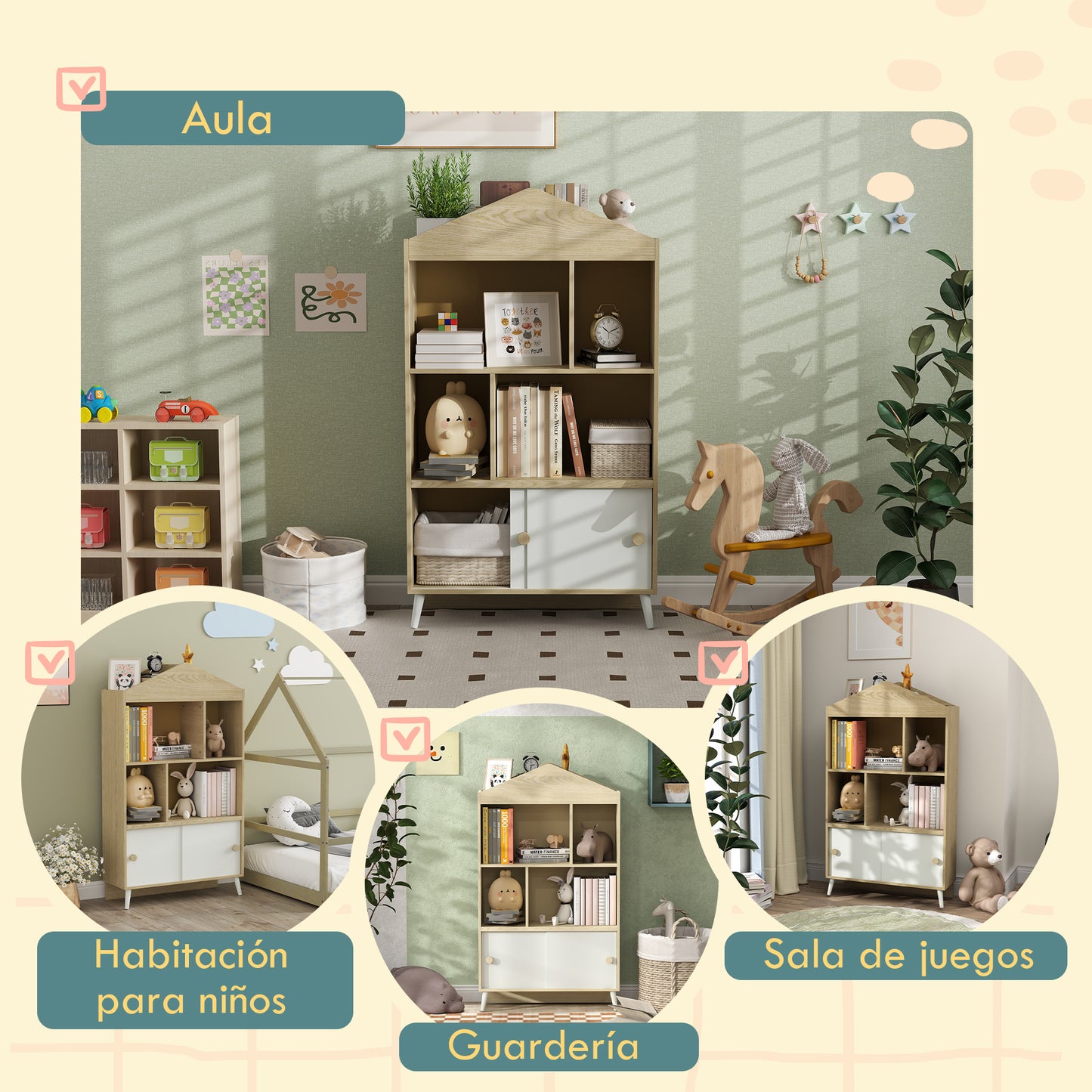 AIYAPLAY Estantería Infantil de Madera con 4 Compartimentos Librería Infantil con Estantes Abiertos y Armario para Habitación de Niños Sala de Juegos 80x30x140,5 cm Blanco y Natural