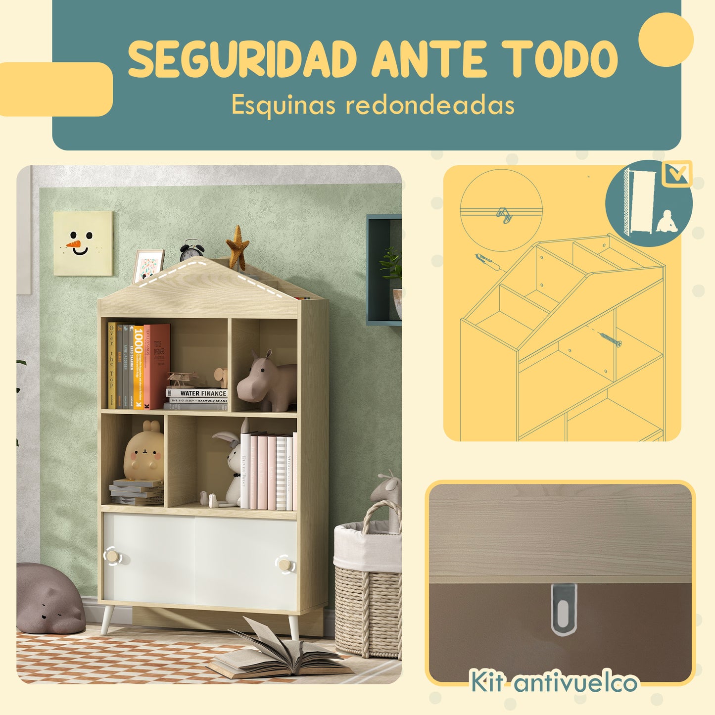 AIYAPLAY Estantería Infantil de Madera con 4 Compartimentos Librería Infantil con Estantes Abiertos y Armario para Habitación de Niños Sala de Juegos 80x30x140,5 cm Blanco y Natural