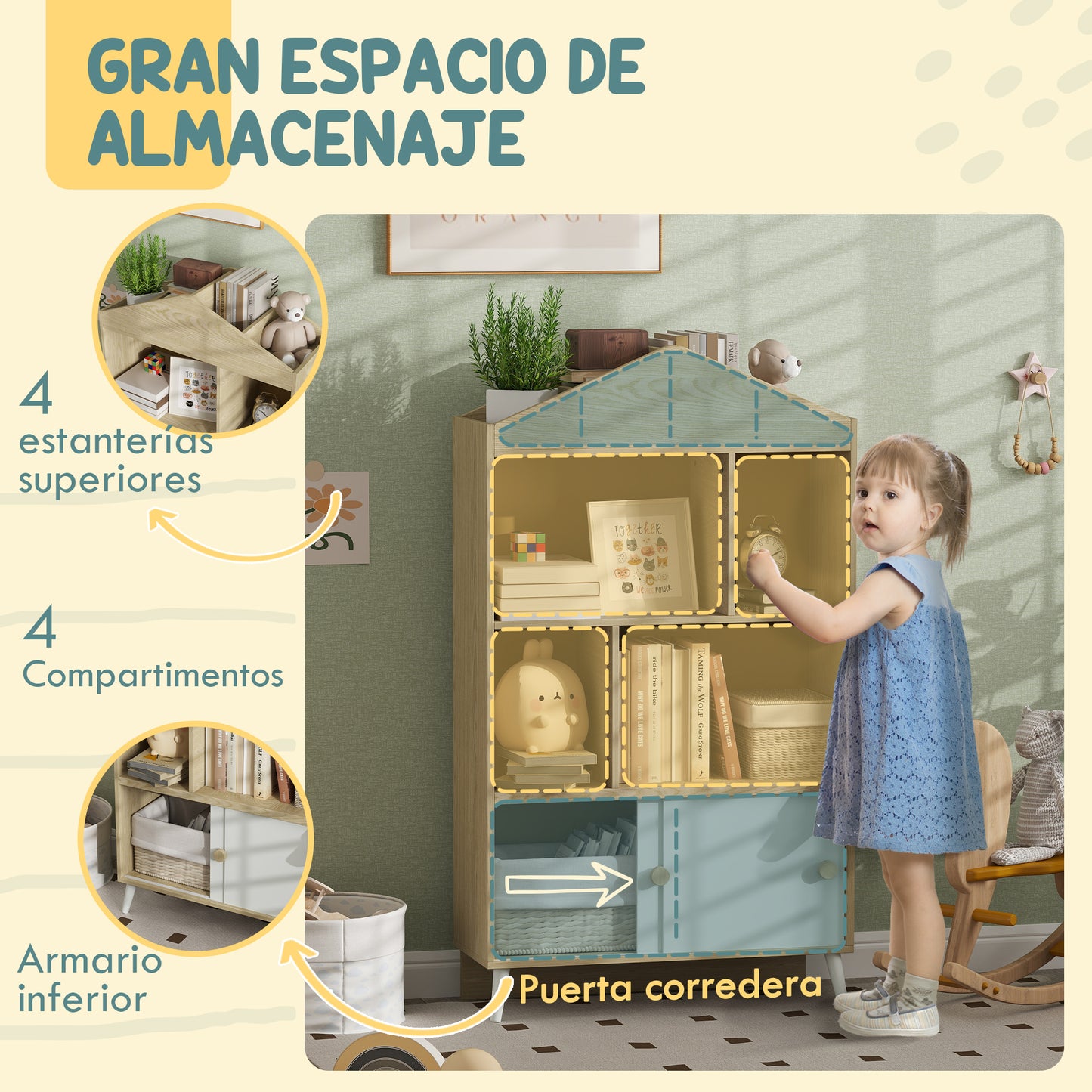 AIYAPLAY Estantería Infantil de Madera con 4 Compartimentos Librería Infantil con Estantes Abiertos y Armario para Habitación de Niños Sala de Juegos 80x30x140,5 cm Blanco y Natural