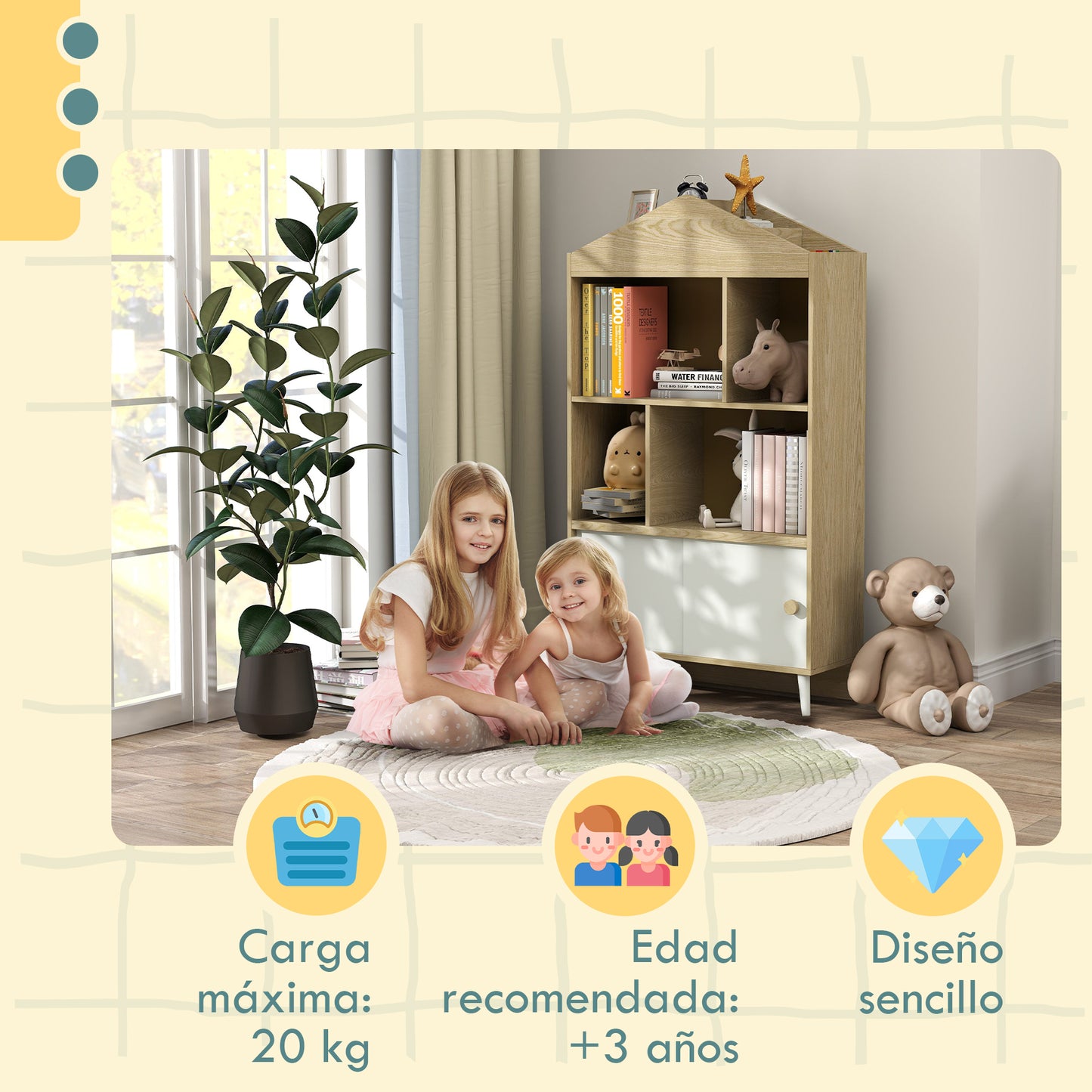 AIYAPLAY Estantería Infantil de Madera con 4 Compartimentos Librería Infantil con Estantes Abiertos y Armario para Habitación de Niños Sala de Juegos 80x30x140,5 cm Blanco y Natural