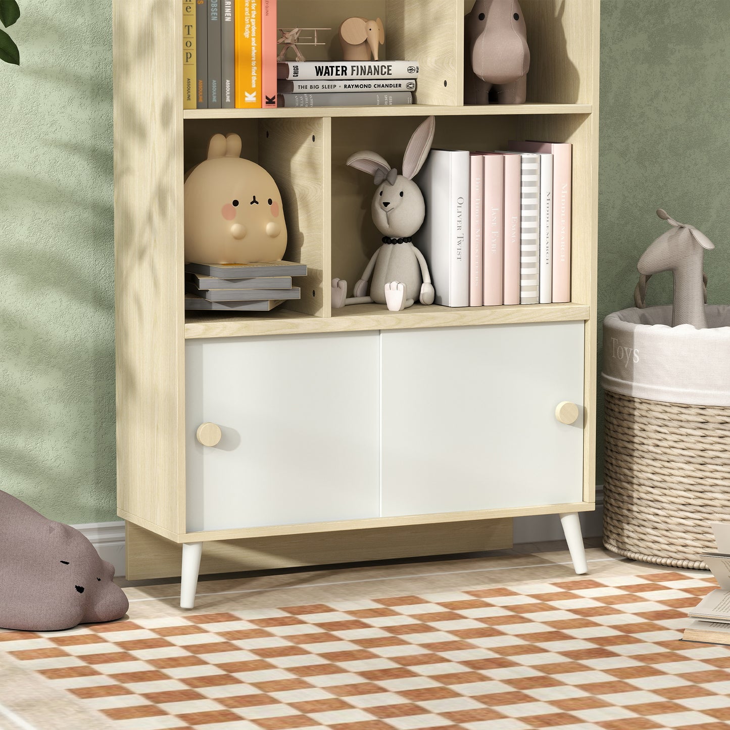 AIYAPLAY Estantería Infantil de Madera con 4 Compartimentos Librería Infantil con Estantes Abiertos y Armario para Habitación de Niños Sala de Juegos 80x30x140,5 cm Blanco y Natural