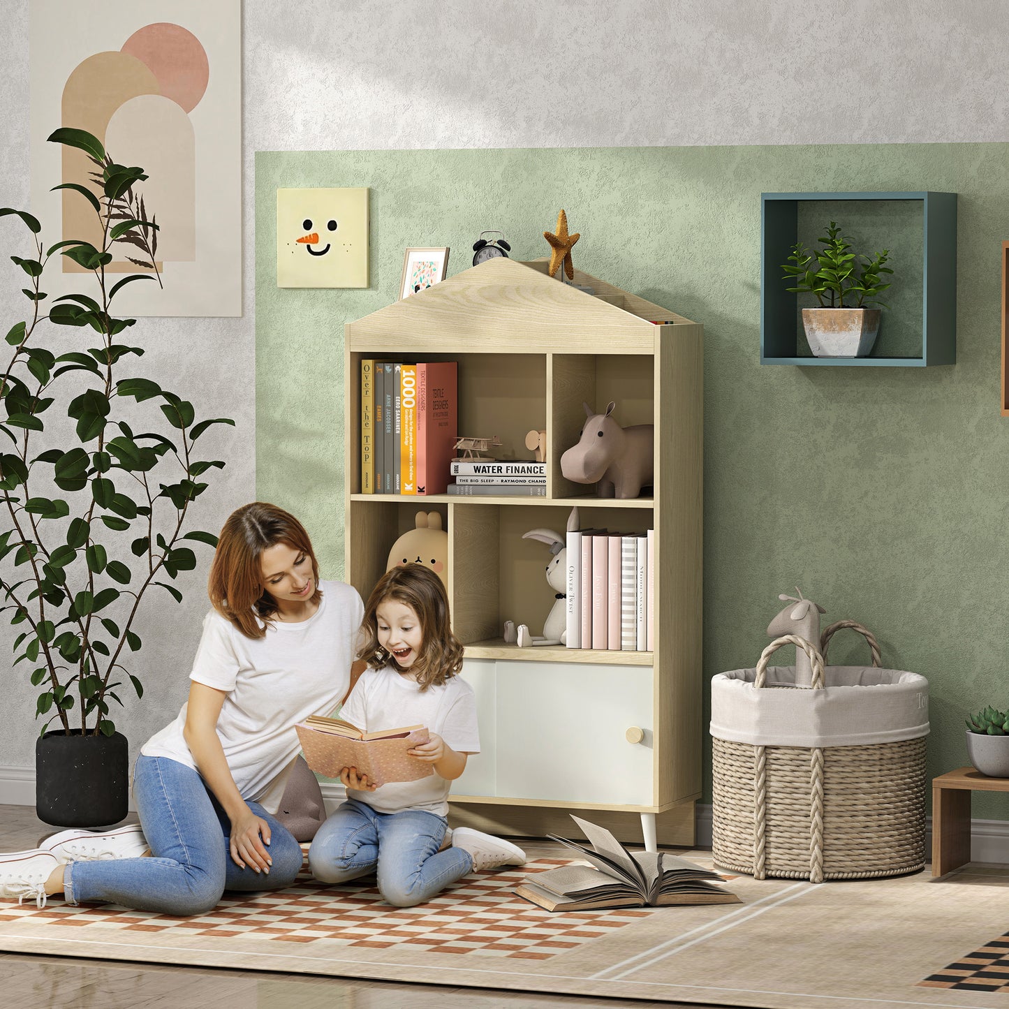 AIYAPLAY Estantería Infantil de Madera con 4 Compartimentos Librería Infantil con Estantes Abiertos y Armario para Habitación de Niños Sala de Juegos 80x30x140,5 cm Blanco y Natural