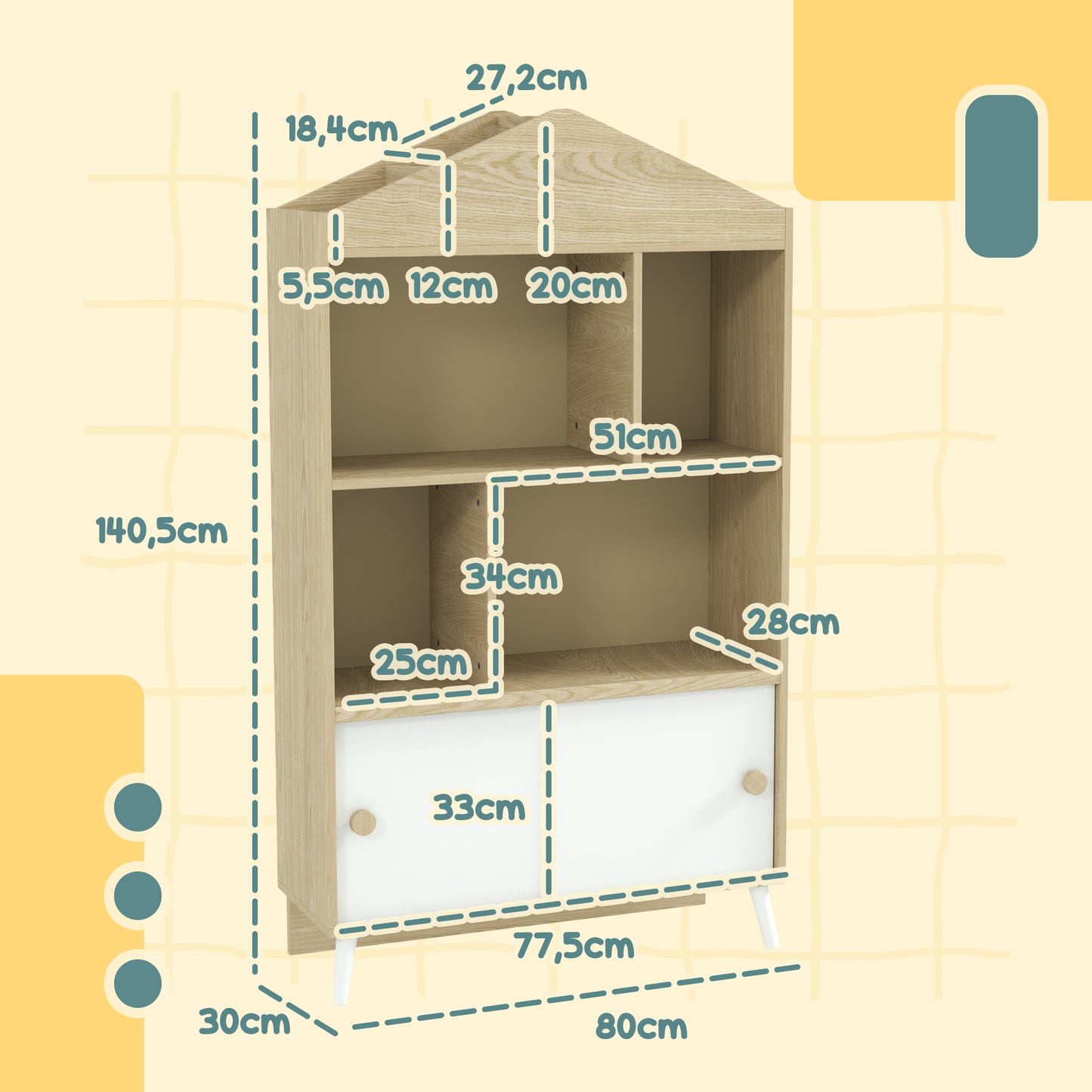 AIYAPLAY Estantería Infantil de Madera con 4 Compartimentos Librería Infantil con Estantes Abiertos y Armario para Habitación de Niños Sala de Juegos 80x30x140,5 cm Blanco y Natural