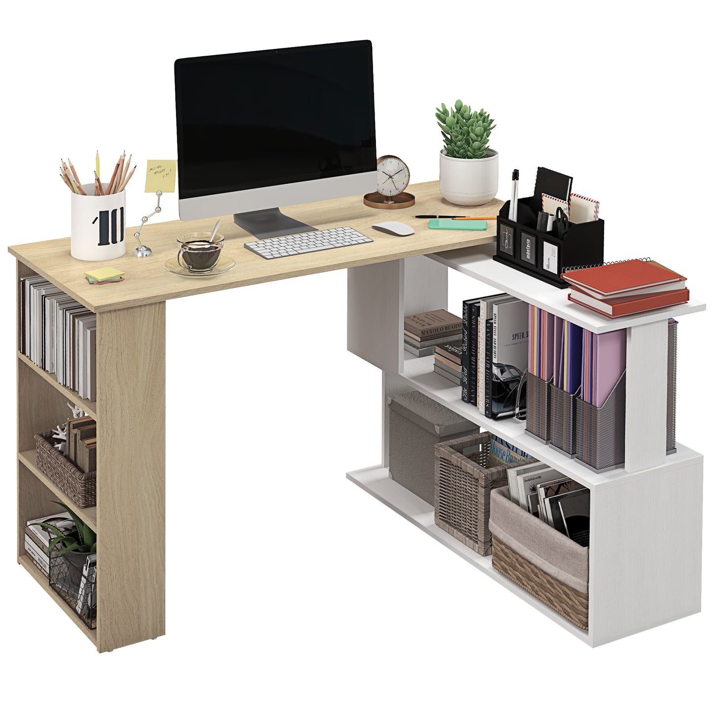 HOMCOM Escritorio Esquinero Giratorio Escritorio en L con Estantería Mesa de Escritorio con Estantes para Oficina Estudio 120x110x74,5 cm Natural y Blanco