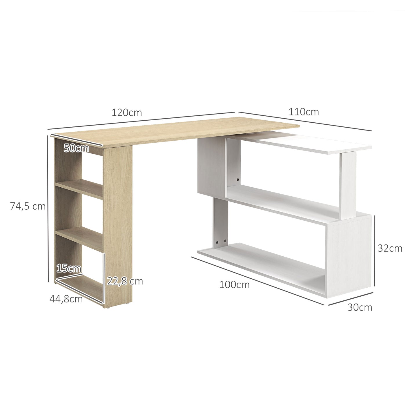 HOMCOM Escritorio Esquinero Giratorio Escritorio en L con Estantería Mesa de Escritorio con Estantes para Oficina Estudio 120x110x74,5 cm Natural y Blanco