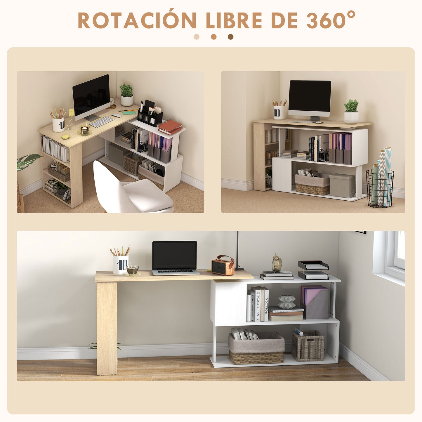 HOMCOM Escritorio Esquinero Giratorio Escritorio en L con Estantería Mesa de Escritorio con Estantes para Oficina Estudio 120x110x74,5 cm Natural y Blanco