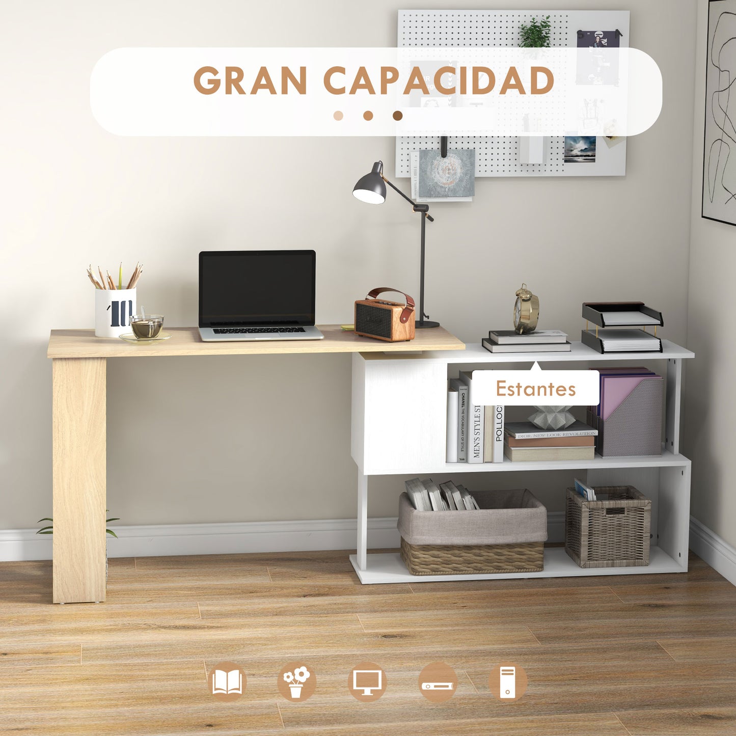 HOMCOM Escritorio Esquinero Giratorio Escritorio en L con Estantería Mesa de Escritorio con Estantes para Oficina Estudio 120x110x74,5 cm Natural y Blanco