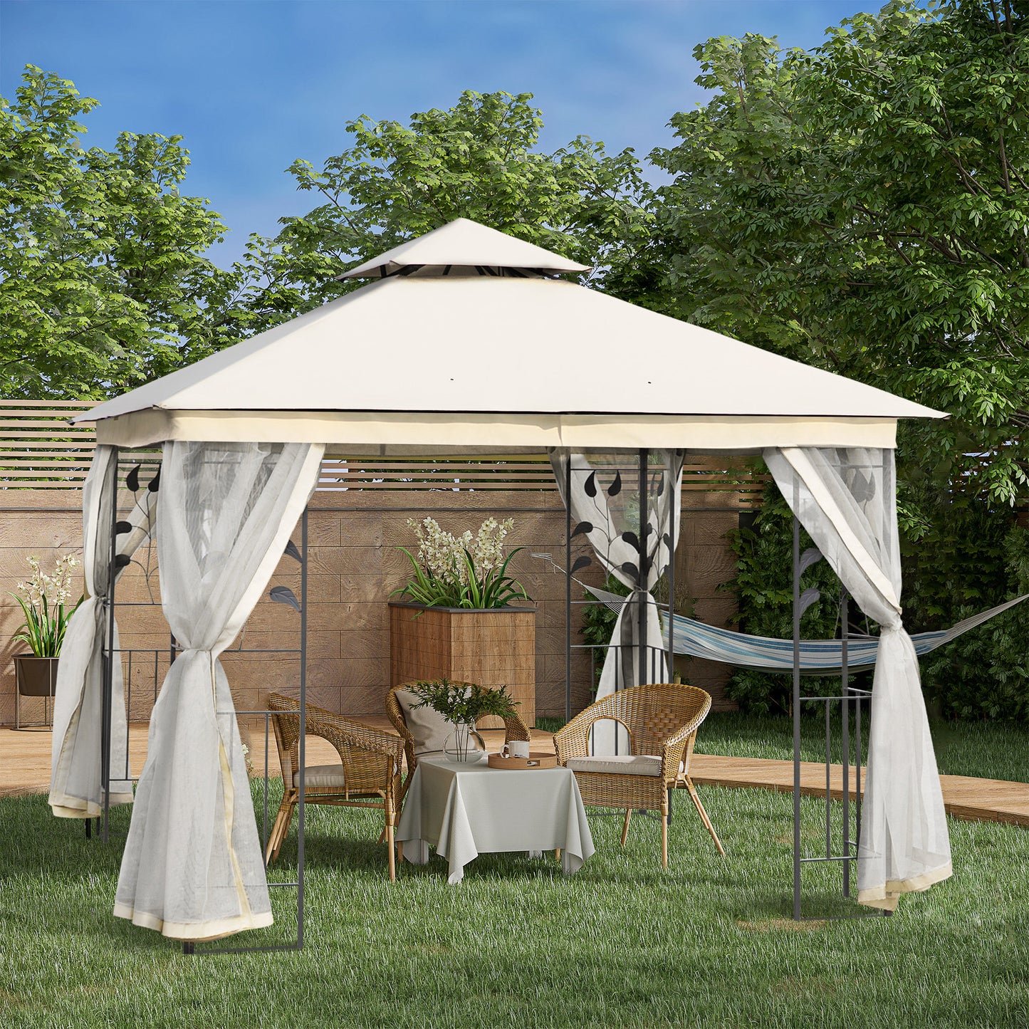 Outsunny Cenador de Jardín 3x3x2,8 m Gazebo Carpas para Exterior Grandes con Doble Techo Mosquiteras y Marco de Acero para Patio Fiesta Blanco