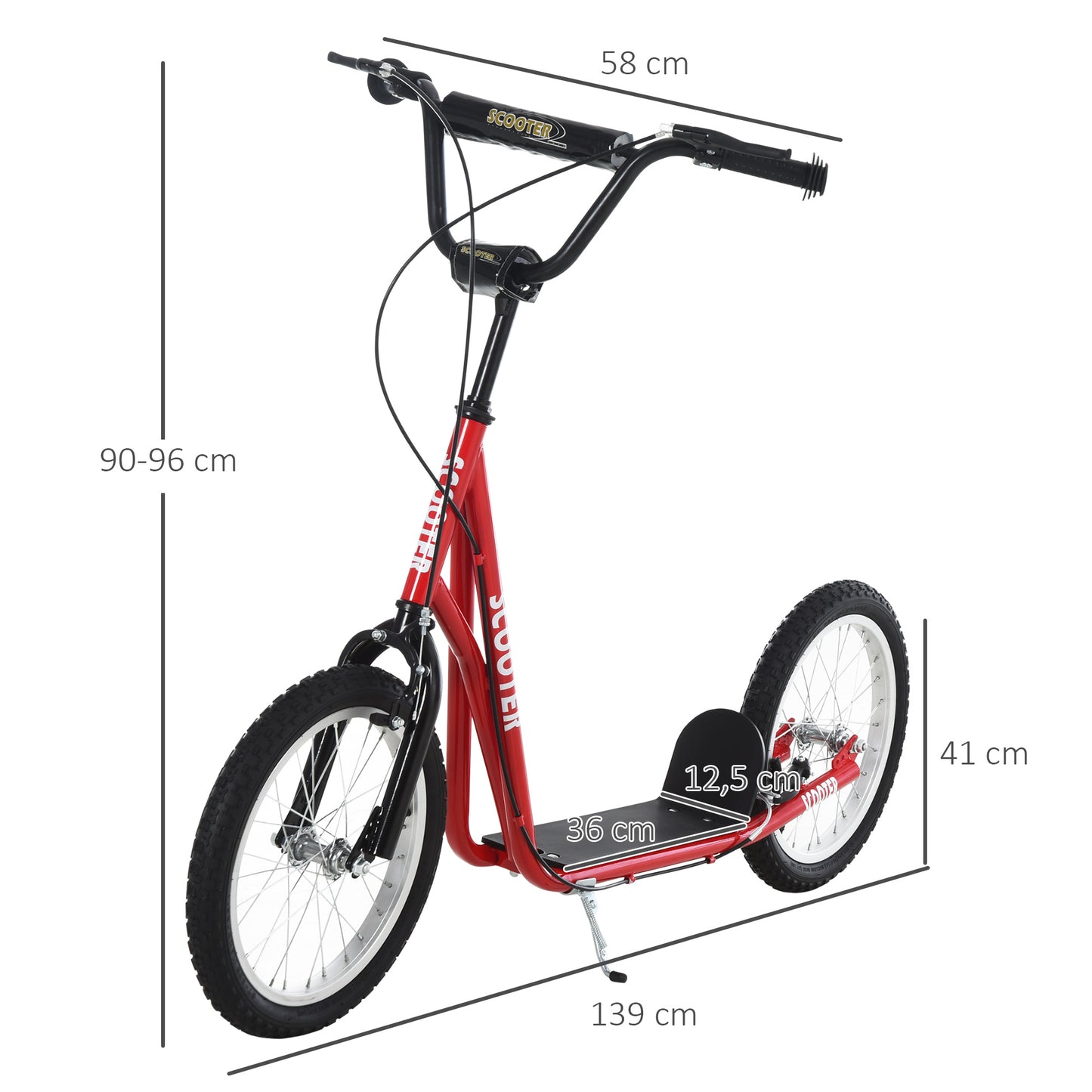 HOMCOM Scooter Patinete para Niños +5 Años y Adolescentes con Manillar Ajustable en Altura 2 Neumáticos de Caucho Inflable con Doble Freno y Ruedas 16" Carga 100 kg 139x58x90-96 cm Rojo