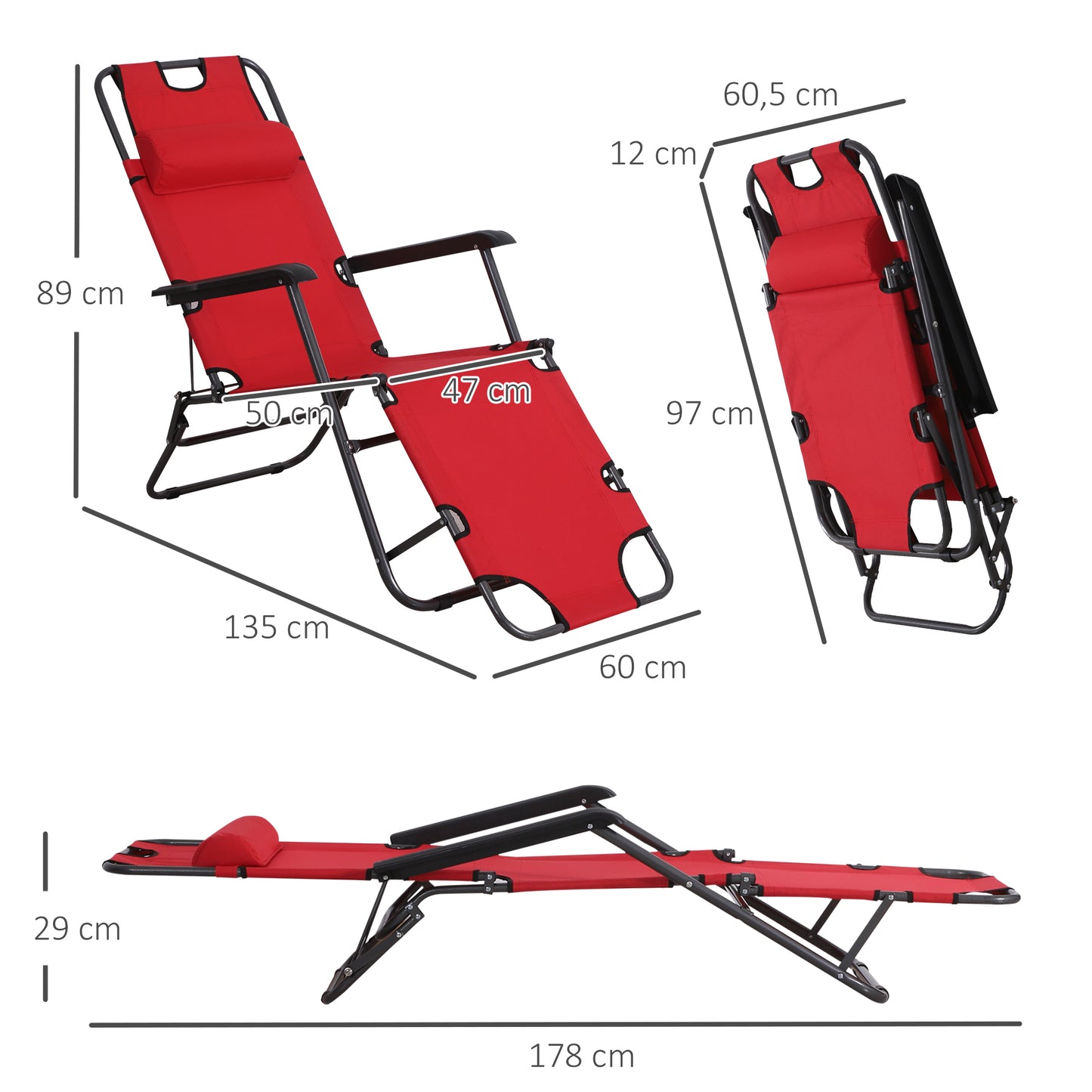 Outsunny Tumbona Reclinable y Plegable Silla de Playa Tumbona Relax Plegable con Respaldo Ajustable Reposabrazos Almohada y Reposapiés para Jardín Balcón Carga 136 kg 135x60x89 cm Rojo