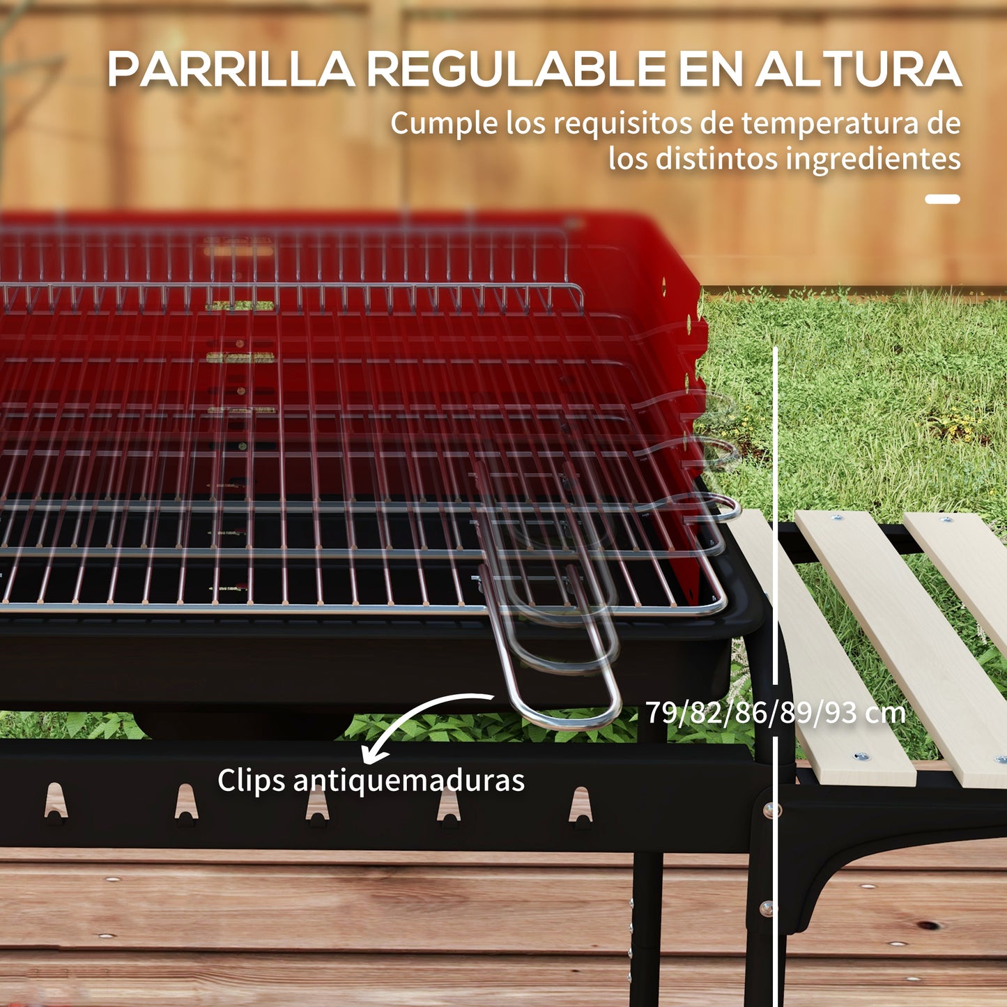 Outsunny Barbacoa de Carbón con Ruedas Barbacoa Portátil con Parrilla Ajustable en Altura Estantes y 6 Ganchos para Picnic Camping 103x47x95 cm Rojo y Negro