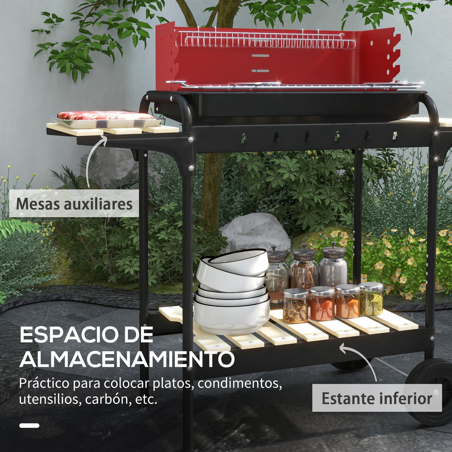 Outsunny Barbacoa de Carbón con Ruedas Barbacoa Portátil con Parrilla Ajustable en Altura Estantes y 6 Ganchos para Picnic Camping 103x47x95 cm Rojo y Negro