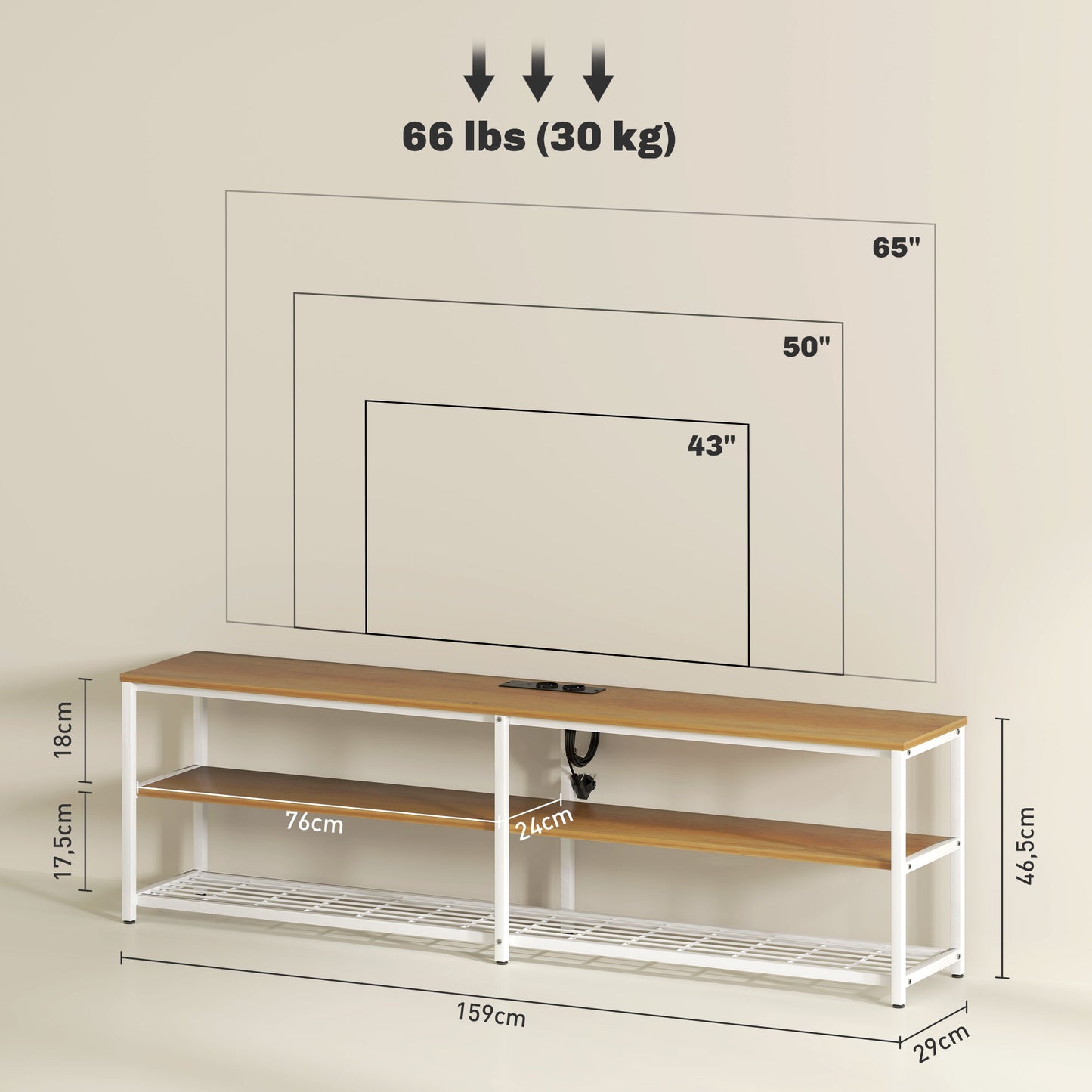 HOMCOM Mueble de TV Industrial Mueble de TV para Salón con Luces LED Control Remoto Extensión para Cargar y 2 Compartimentos Abiertos Mueble para Televisión de 65 Pulgadas 159x29x46,5 cm Natural