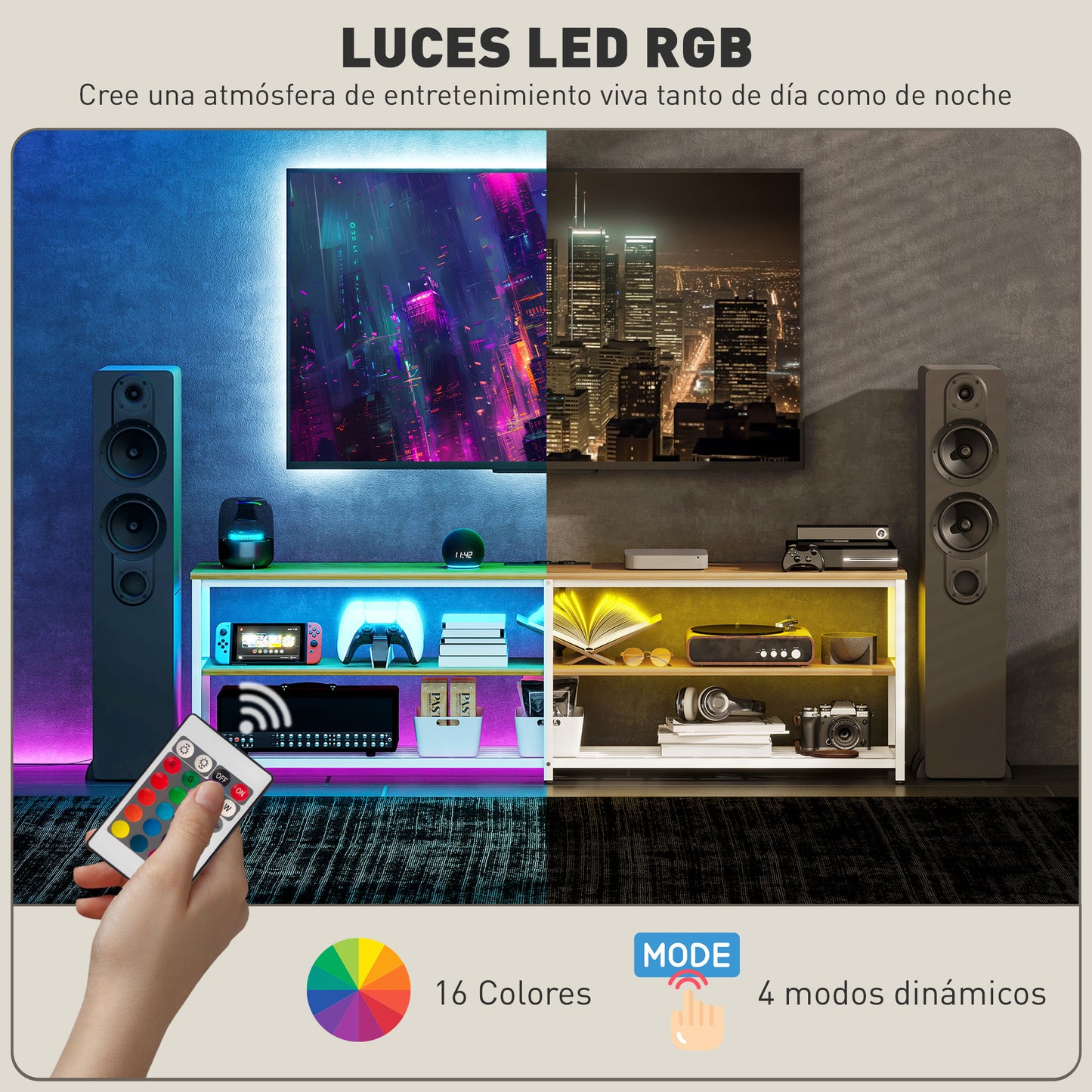 HOMCOM Mueble de TV Industrial Mueble de TV para Salón con Luces LED Control Remoto Extensión para Cargar y 2 Compartimentos Abiertos Mueble para Televisión de 65 Pulgadas 159x29x46,5 cm Natural