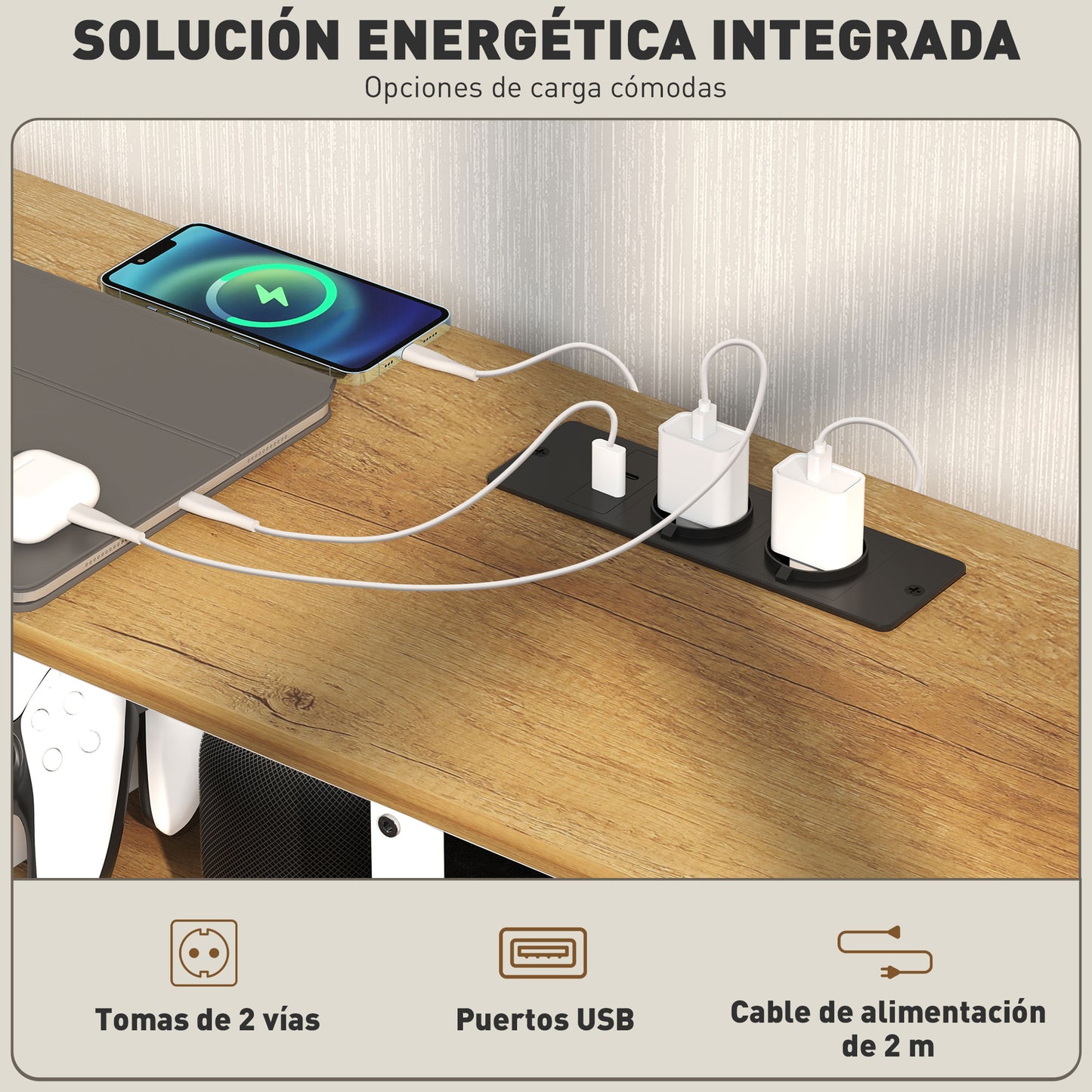 HOMCOM Mueble de TV Industrial Mueble de TV para Salón con Luces LED Control Remoto Extensión para Cargar y 2 Compartimentos Abiertos Mueble para Televisión de 65 Pulgadas 159x29x46,5 cm Natural