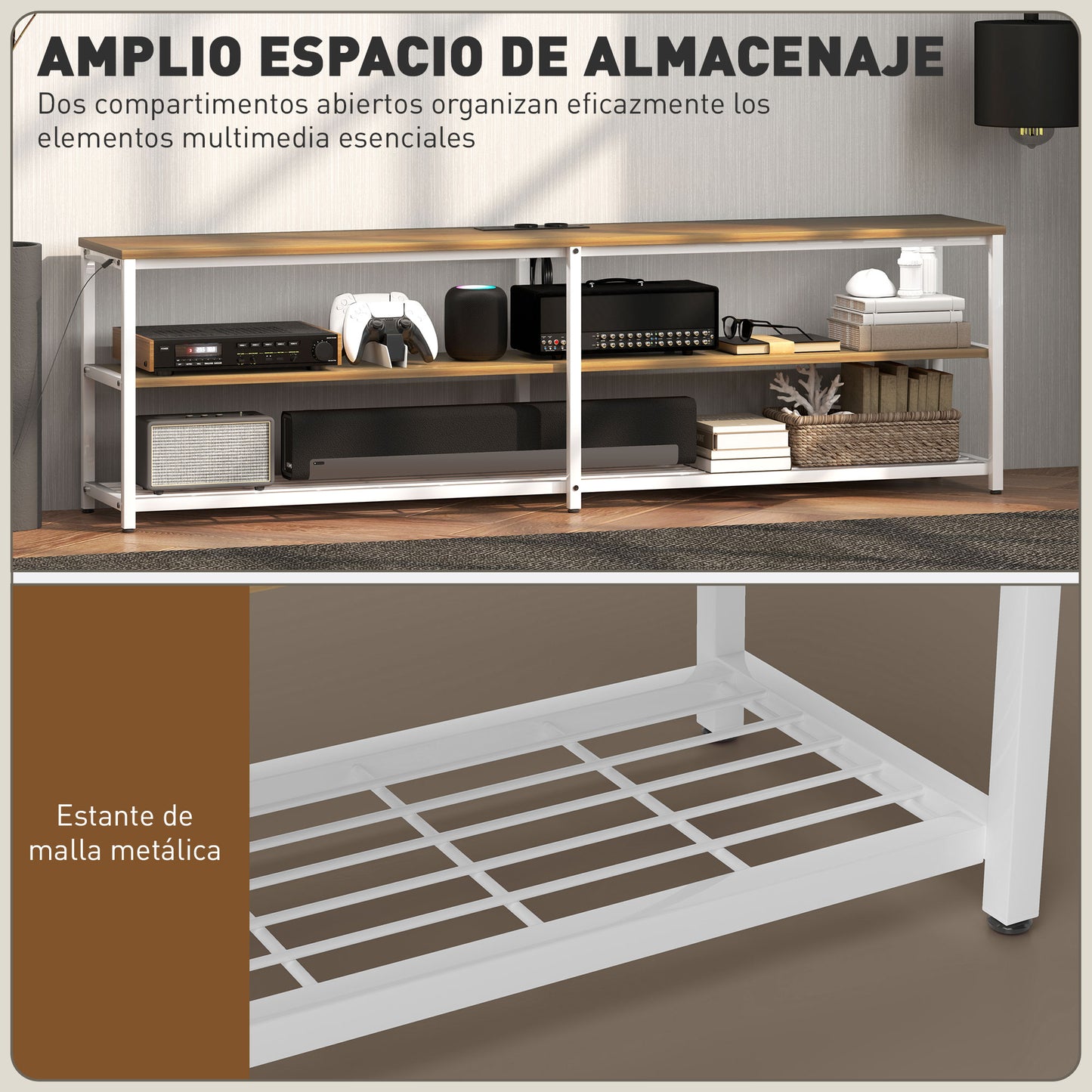 HOMCOM Mueble de TV Industrial Mueble de TV para Salón con Luces LED Control Remoto Extensión para Cargar y 2 Compartimentos Abiertos Mueble para Televisión de 65 Pulgadas 159x29x46,5 cm Natural