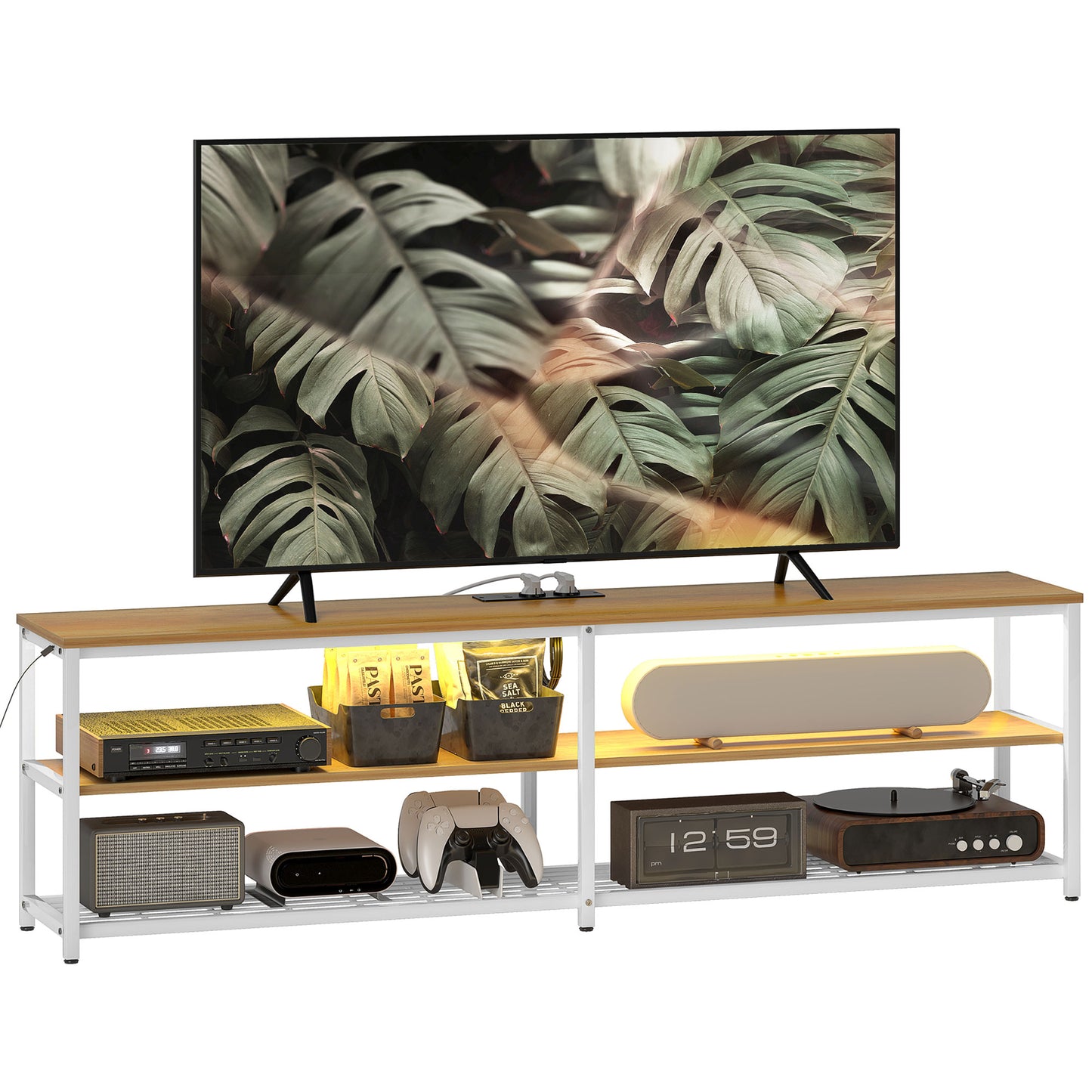 HOMCOM Mueble de TV Industrial Mueble de TV para Salón con Luces LED Control Remoto Extensión para Cargar y 2 Compartimentos Abiertos Mueble para Televisión de 65 Pulgadas 159x29x46,5 cm Natural