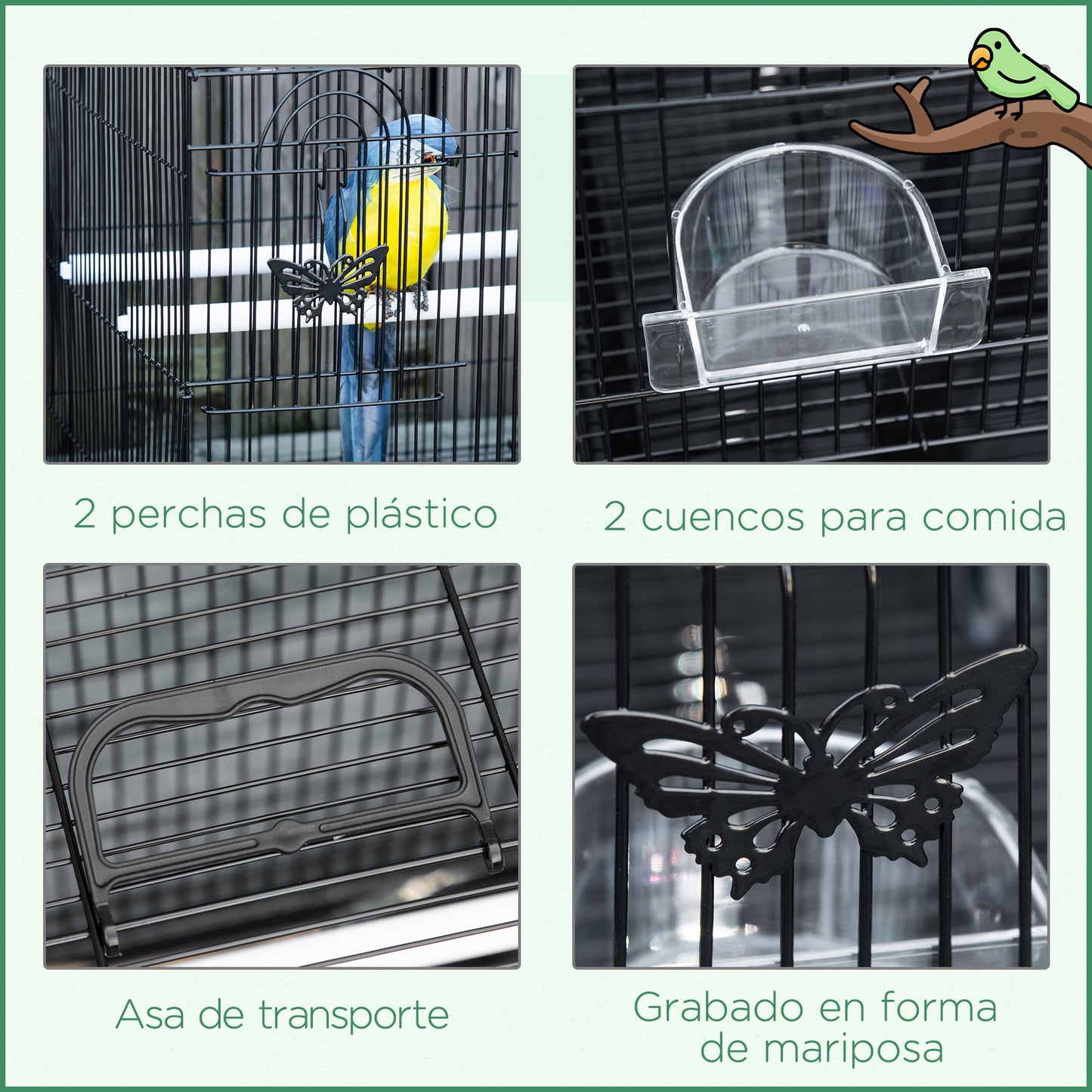 PawHut Jaula para Pájaros 60x41x41 cm Pajarera de Metal con Comederos 2 Perchas 3 Puertas y Asa de Transporte para Pájaros Pequeños Canarios Cotorras Negro