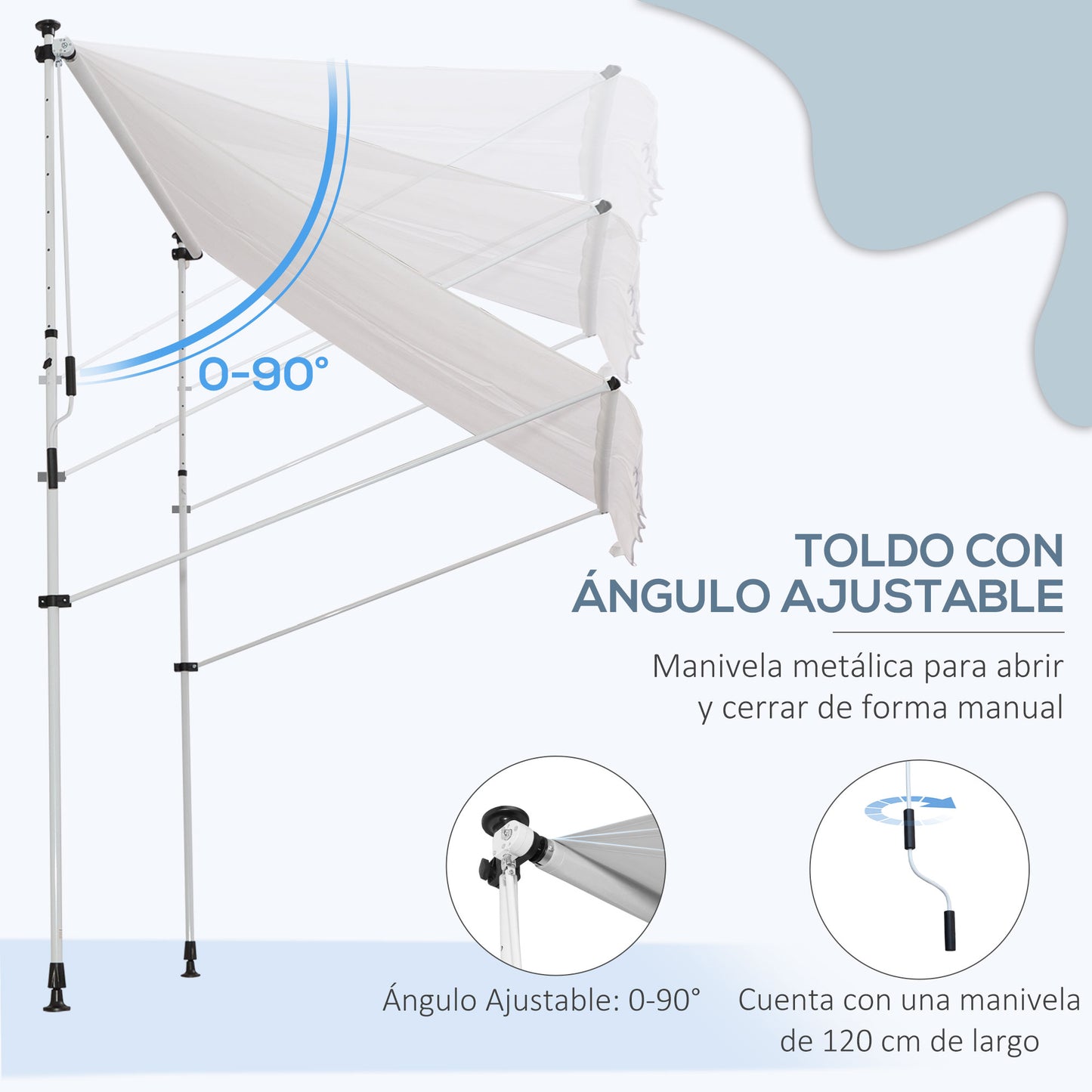 Outsunny Toldo Manual Retráctil 200x150x170-280 cm Toldo para Balcón con Altura Ajustable Manivela y Protección Solar para Terraza Jardín Blanco