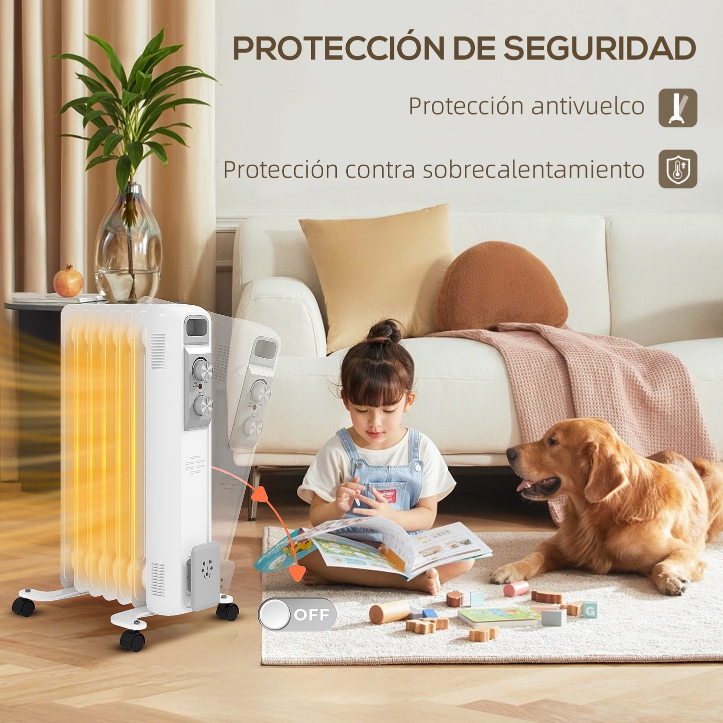 HOMCOM Radiador de Aceite Silencioso 1500W Radiador Eléctrico bajo Consumo con 7 Elementos Temperatura Ajustable Protección contra Sobrecalentamiento 3 Configuraciones de Calor para 20 m² Blanco