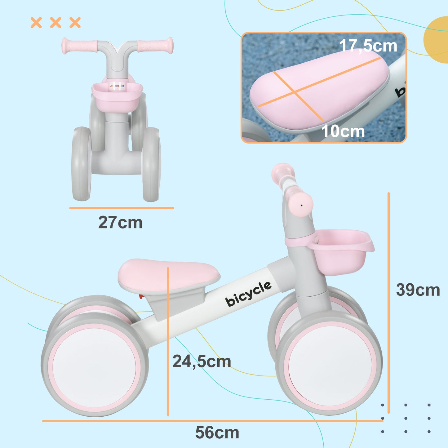 AIYAPLAY Bicicleta sin Pedales para Niños de 12-36 Meses Bicicleta de Equilibrio con Asiento Ajustable Cesta y 4 Ruedas Silenciosas Carga 20 kg 56x27x39 cm Rosa