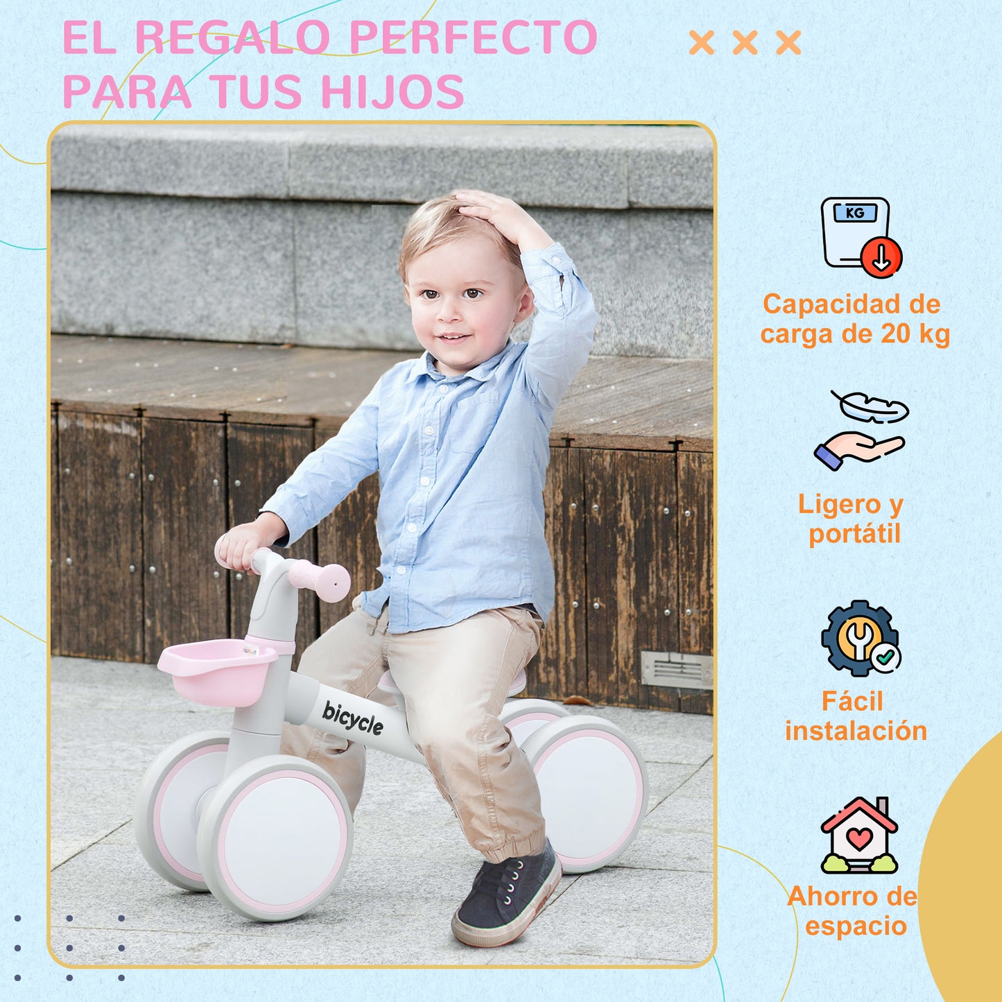 AIYAPLAY Bicicleta sin Pedales para Niños de 12-36 Meses Bicicleta de Equilibrio con Asiento Ajustable Cesta y 4 Ruedas Silenciosas Carga 20 kg 56x27x39 cm Rosa