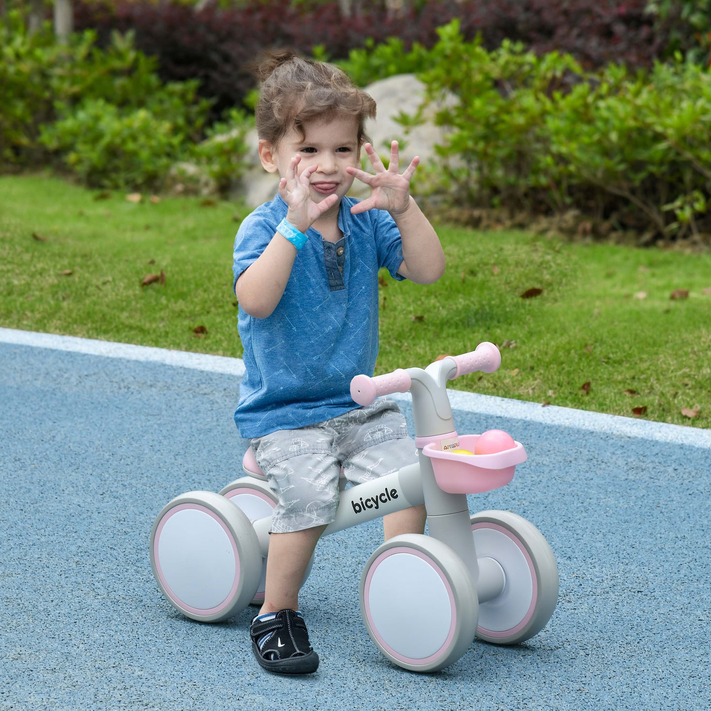 AIYAPLAY Bicicleta sin Pedales para Niños de 12-36 Meses Bicicleta de Equilibrio con Asiento Ajustable Cesta y 4 Ruedas Silenciosas Carga 20 kg 56x27x39 cm Rosa