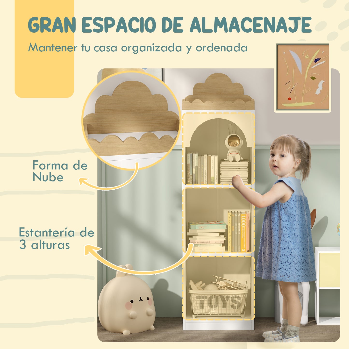 AIYAPLAY Librería Infantil Estantería para Libros Infantil de 3 Niveles Estantería Infantil para Guarderías Habitación Infantil Blanco y Natural