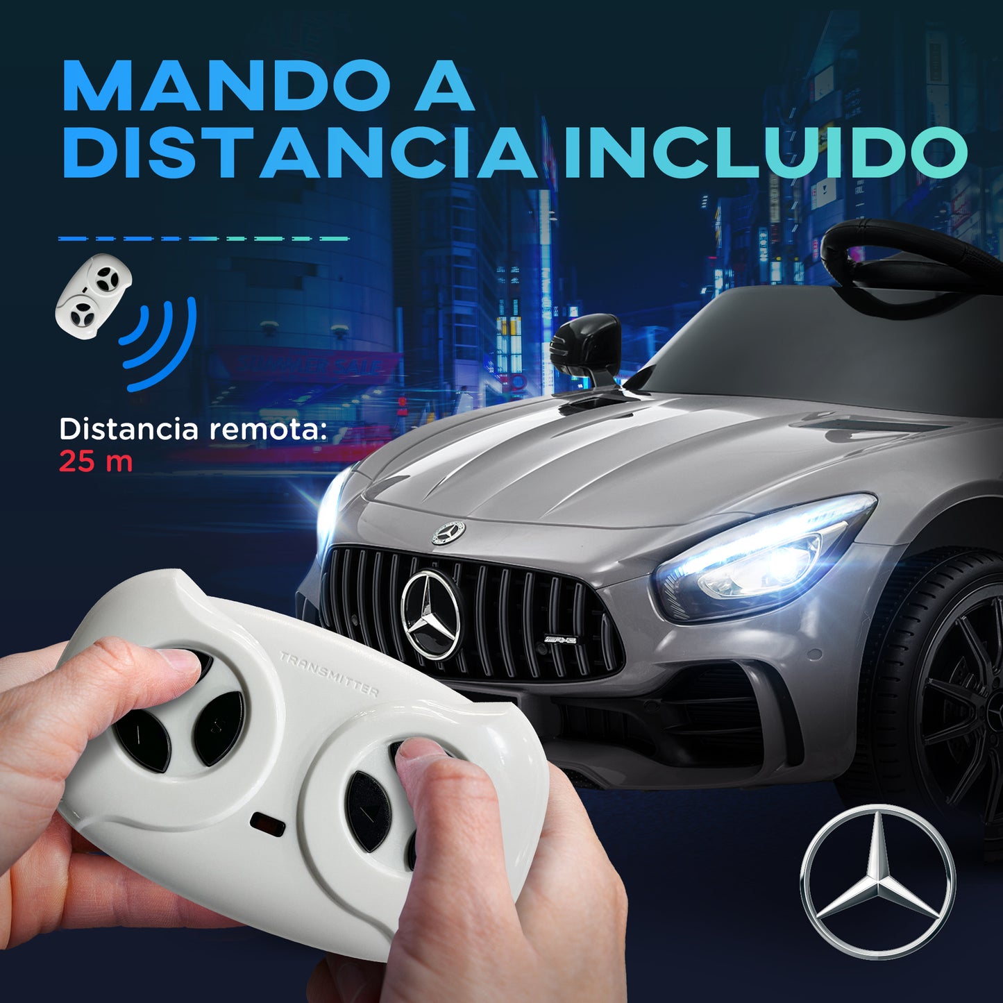 AIYAPLAY Coche Eléctrico para Niños de +3 Años Mercedes-Benz AMG GTR Carro Eléctrico Infantil con Batería 12V Mando a Distancia Faros Bocina Música MP3 Arranque Lento y Pantalla Plata