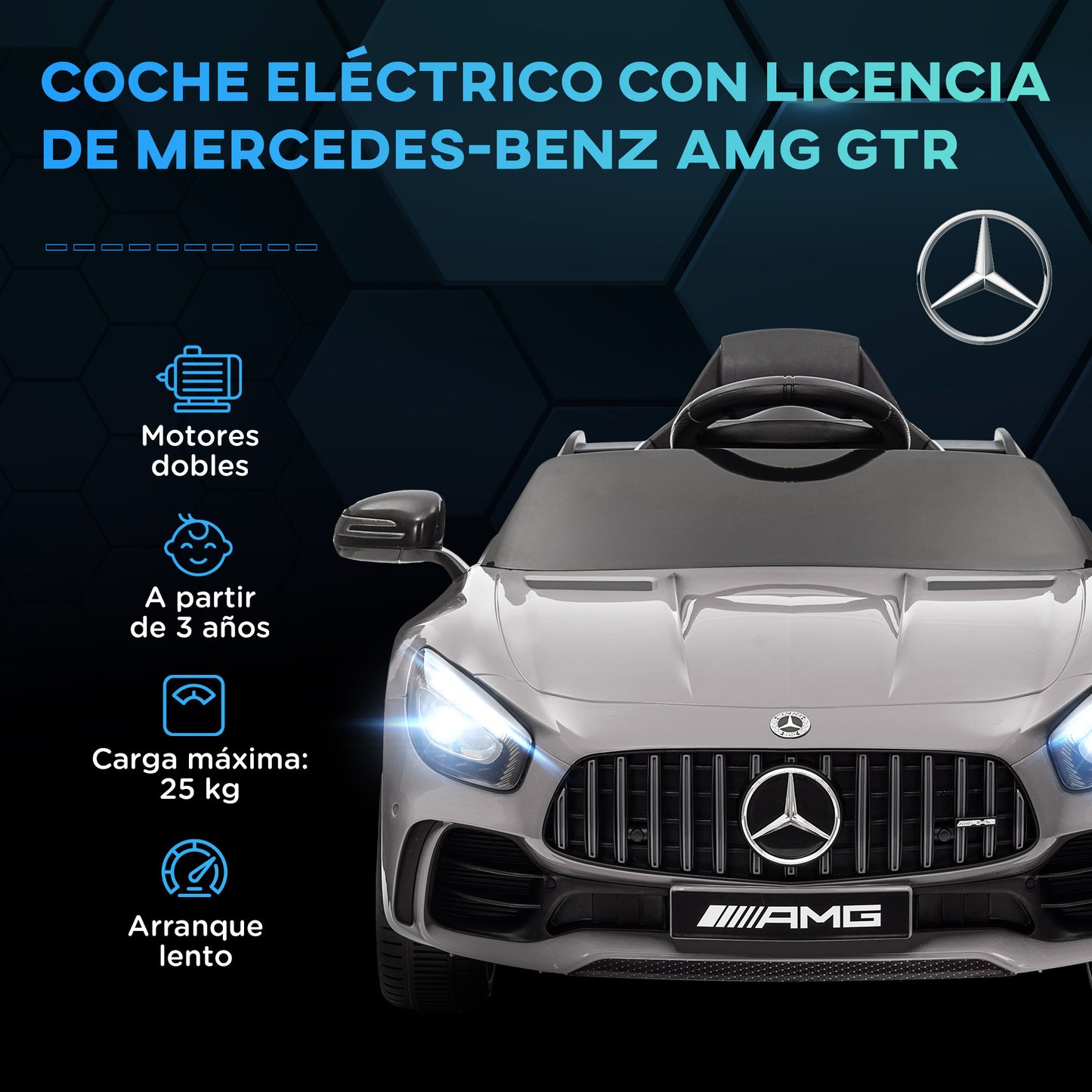 AIYAPLAY Coche Eléctrico para Niños de +3 Años Mercedes-Benz AMG GTR Carro Eléctrico Infantil con Batería 12V Mando a Distancia Faros Bocina Música MP3 Arranque Lento y Pantalla Plata