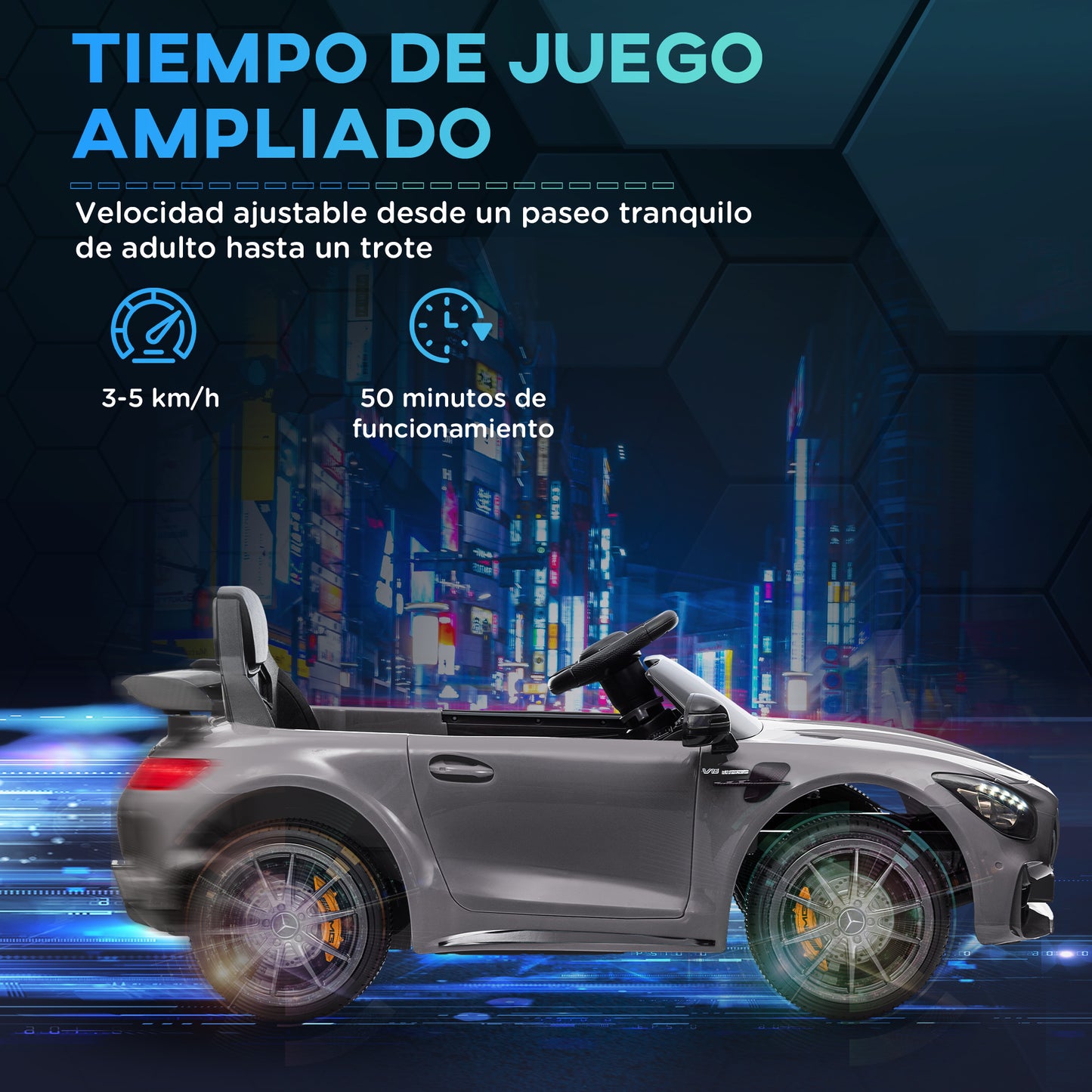 AIYAPLAY Coche Eléctrico para Niños de +3 Años Mercedes-Benz AMG GTR Carro Eléctrico Infantil con Batería 12V Mando a Distancia Faros Bocina Música MP3 Arranque Lento y Pantalla Plata