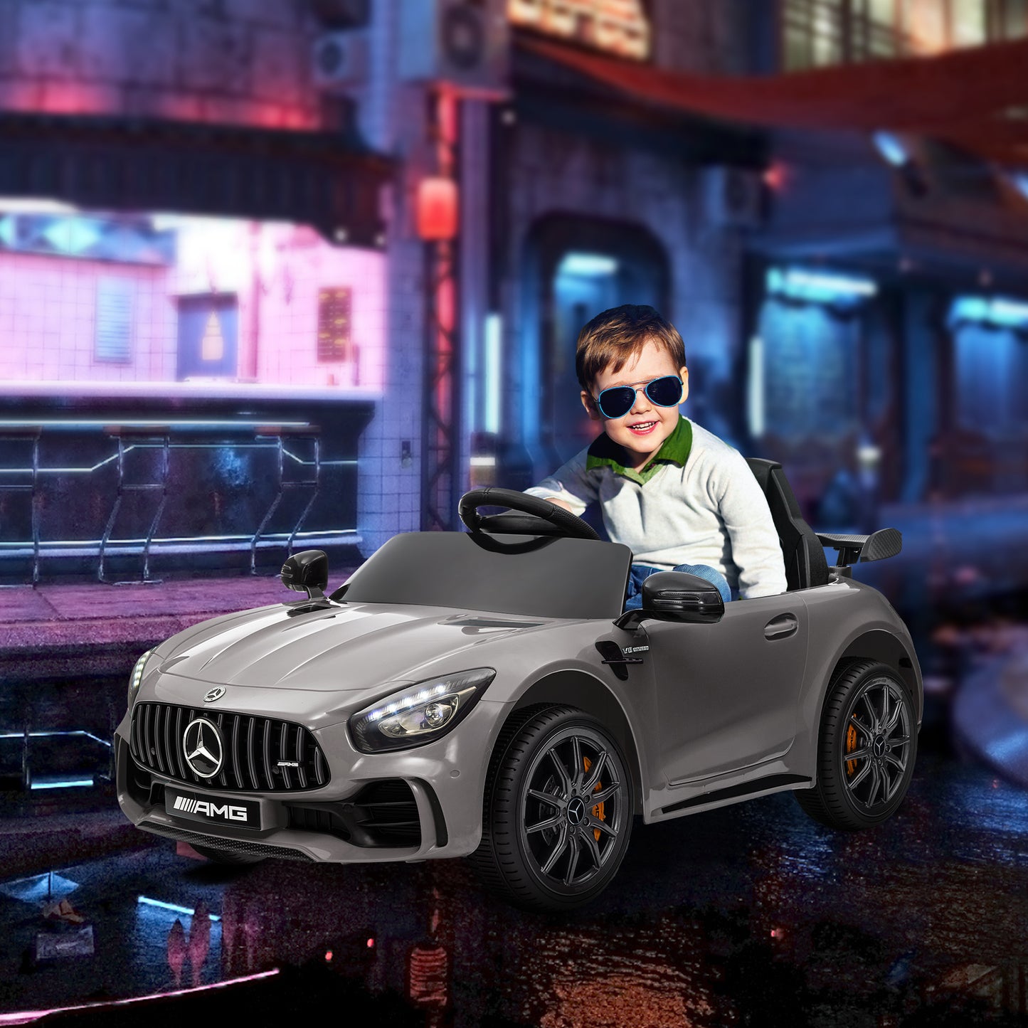 AIYAPLAY Coche Eléctrico para Niños de +3 Años Mercedes-Benz AMG GTR Carro Eléctrico Infantil con Batería 12V Mando a Distancia Faros Bocina Música MP3 Arranque Lento y Pantalla Plata