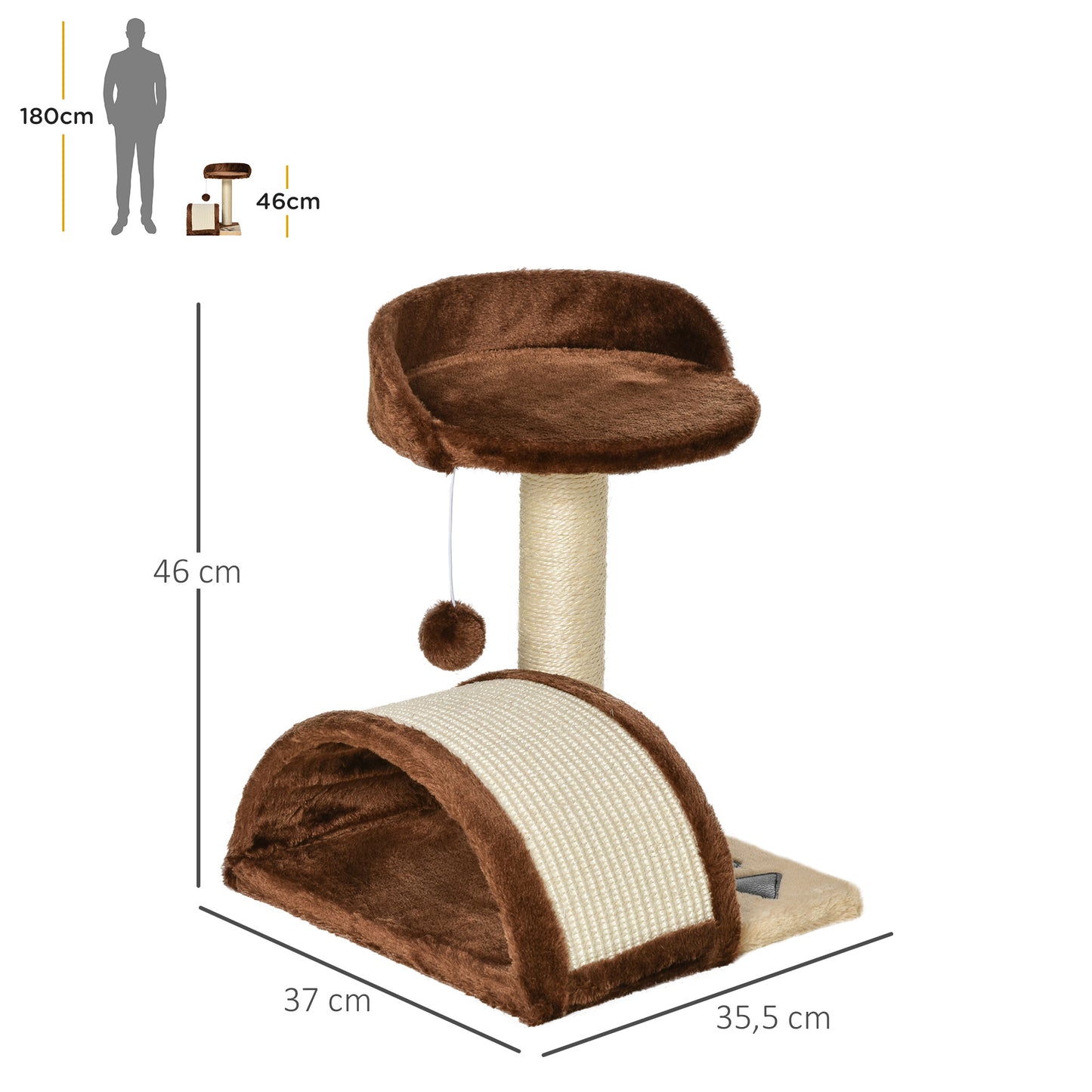 PawHut Árbol Rascador para Gatos Pequeños Altura 46 cm de 2 Niveles Árbol para Gatos con Poste Tablero para Rascar Plataformas y Juguete de Bola Colgante 35,5x37x46 cm Marrón