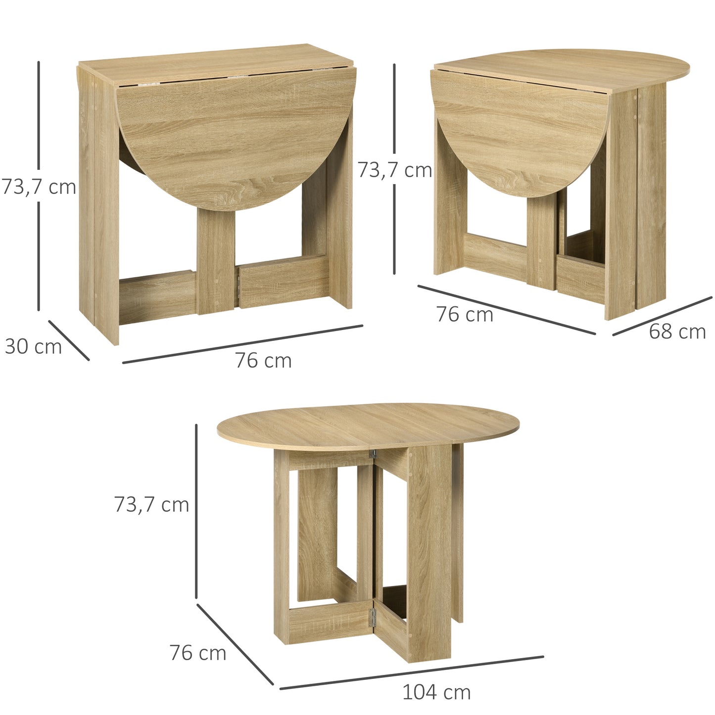 HOMCOM Mesa Plegable de Comedor Mesa de Cocina Plegable con 2 Alas Abatibles Mesa Plegable para 1-2 Personas 104x76x73,7 cm Roble