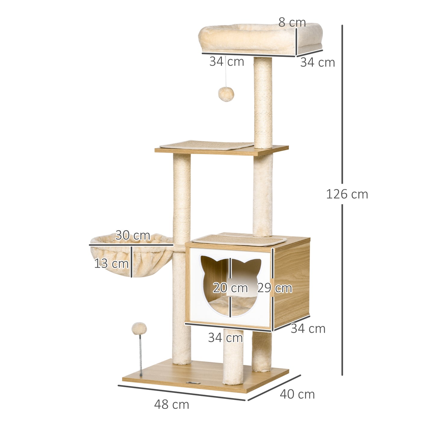 PawHut Árbol Rascador para Gatos con Plataforma Altura 126 cm Torre Escalador para Gatos con Hamaca Caseta Cama Postes de Sisal y Bolas para Jugar 48x40x126 cm Beige