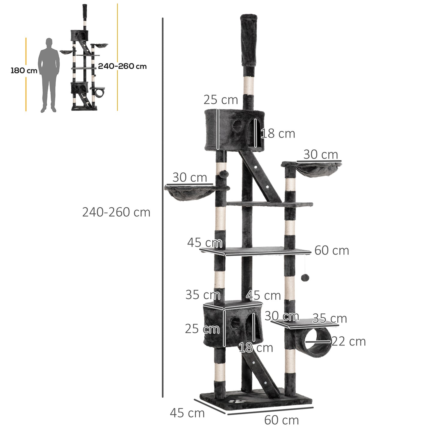 PawHut Árbol para Gatos de Suelo a Techo de 240-260 cm Árbol Rascador para Gatos con Altura Ajustable Múltiples Plataformas Cuevas Cestos y Rampas Gris Oscuro