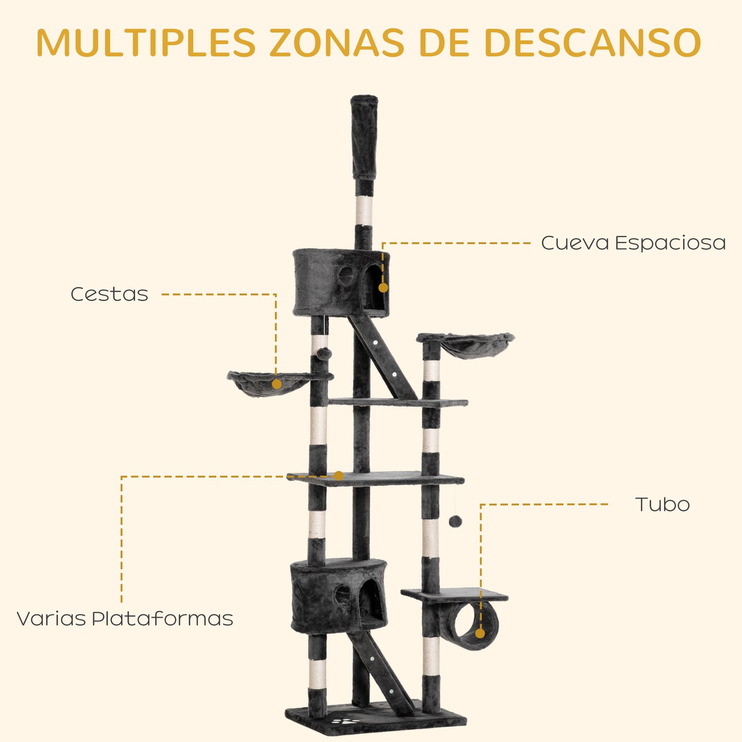 PawHut Árbol para Gatos de Suelo a Techo de 240-260 cm Árbol Rascador para Gatos con Altura Ajustable Múltiples Plataformas Cuevas Cestos y Rampas Gris Oscuro